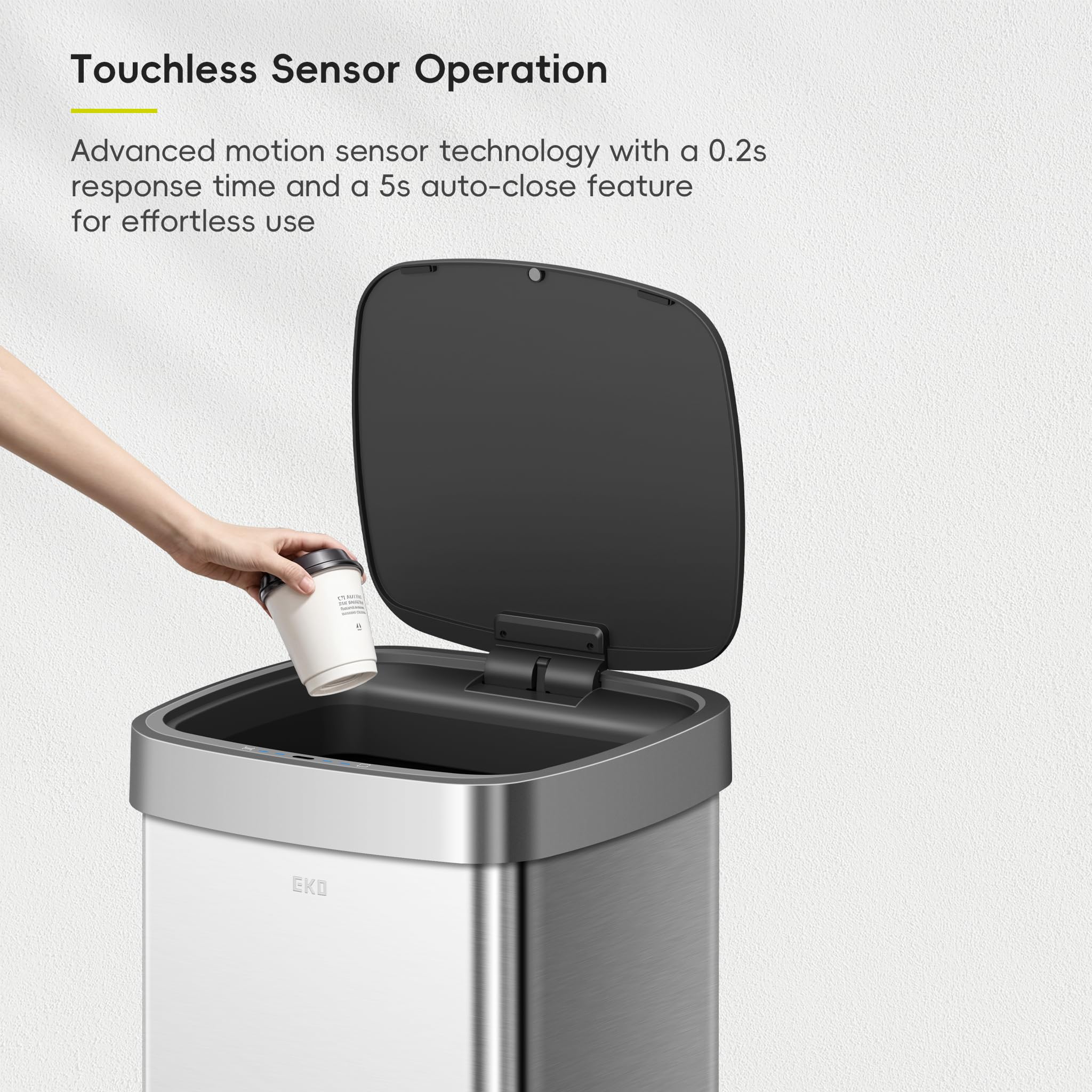 Brushed stainless steel finish on EKO EcoSmart emphasizing fingerprint resistance.