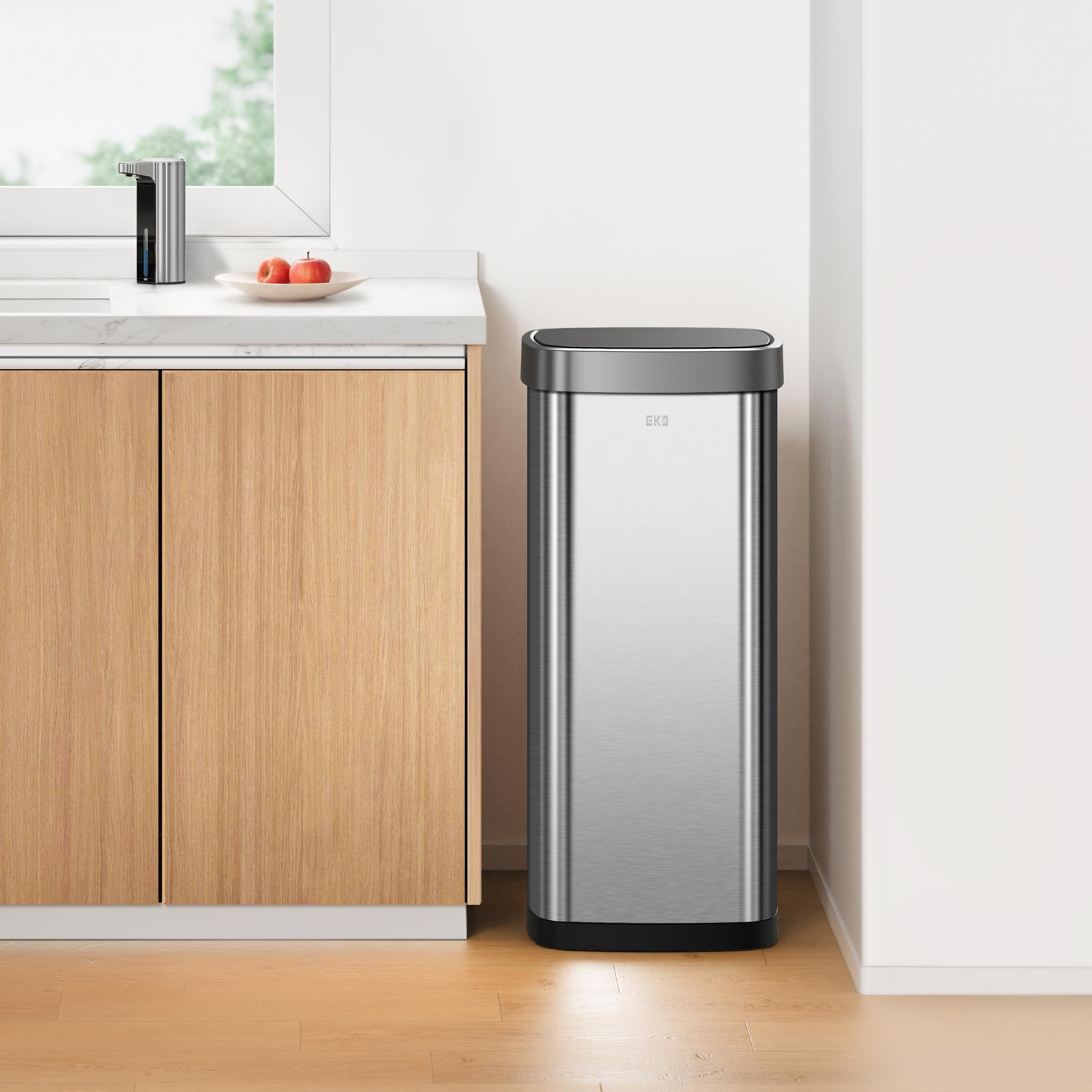 EKO EcoSmart 80L lid-open view highlighting touchless sensor convenience.
