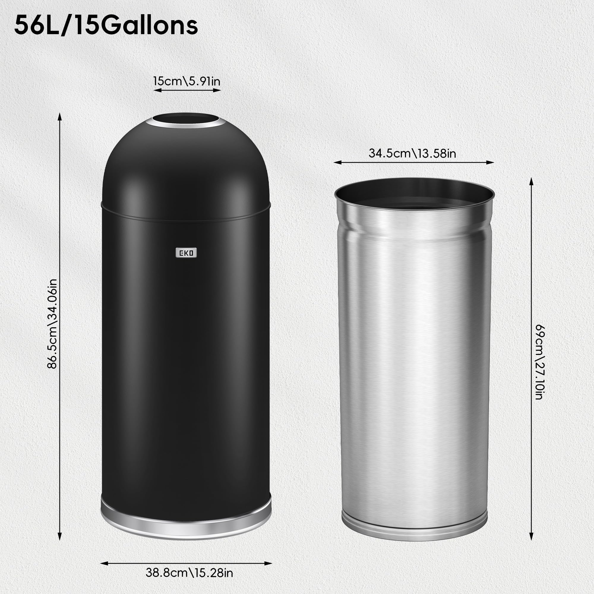EKO Eternal 56L dome-top disposal area for easy hands-free waste insertion.