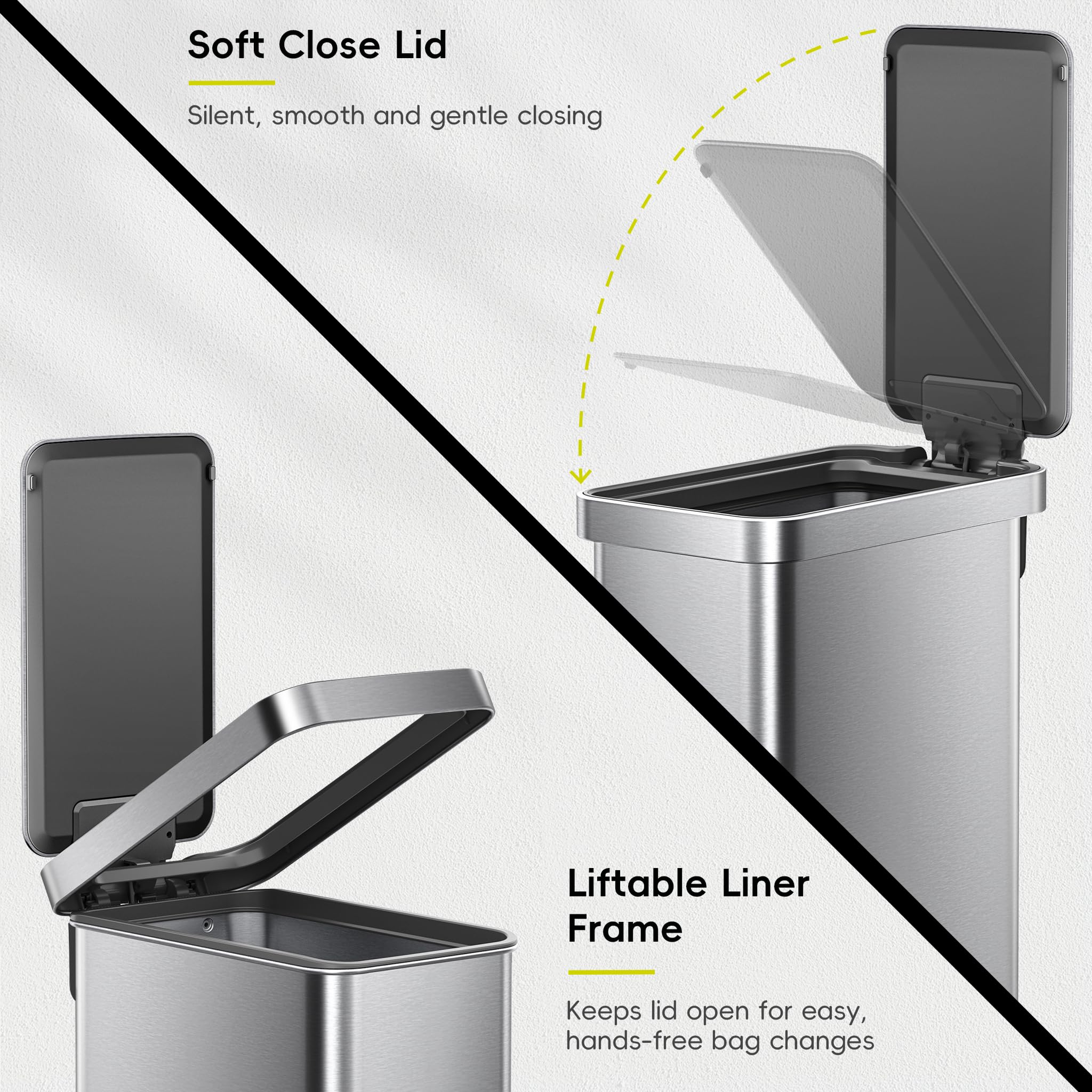 EKO Hudson Slim 50L lid stays open at 90° for easy liner changes.