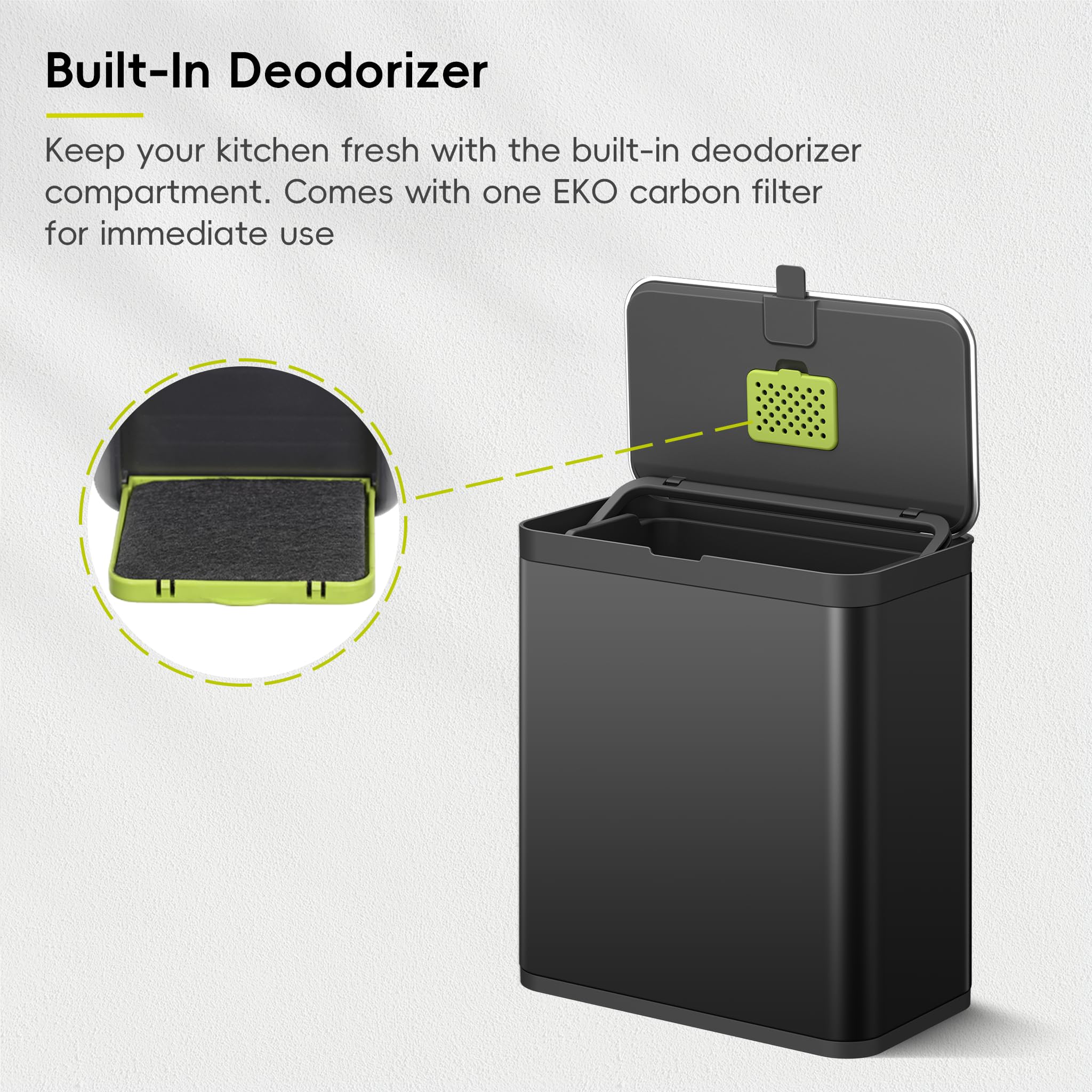 EKO deodorizer-compartment locks in smells, keeping your counters fresh during daily use