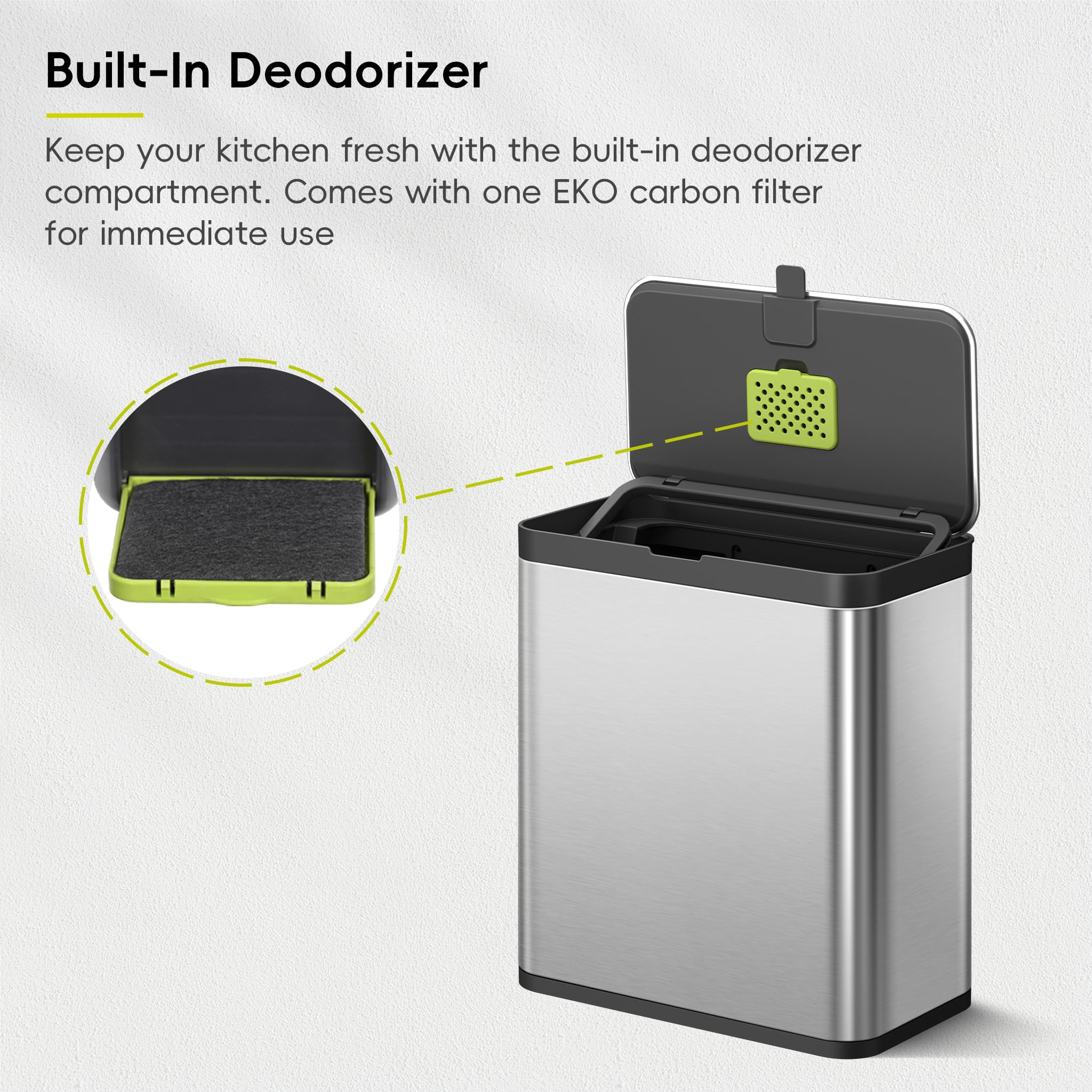 EKO deodorizer compartment reduces kitchen odors during use.
