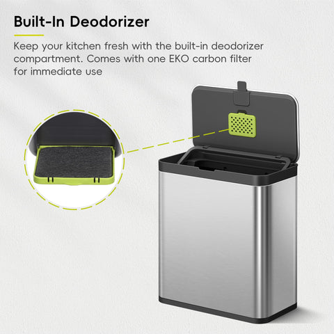 EKO deodorizer compartment reduces kitchen odors during use.