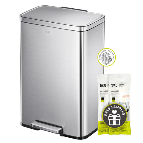EKO Madison brushed stainless pedal trash can with fingerprint-resistant finish.
