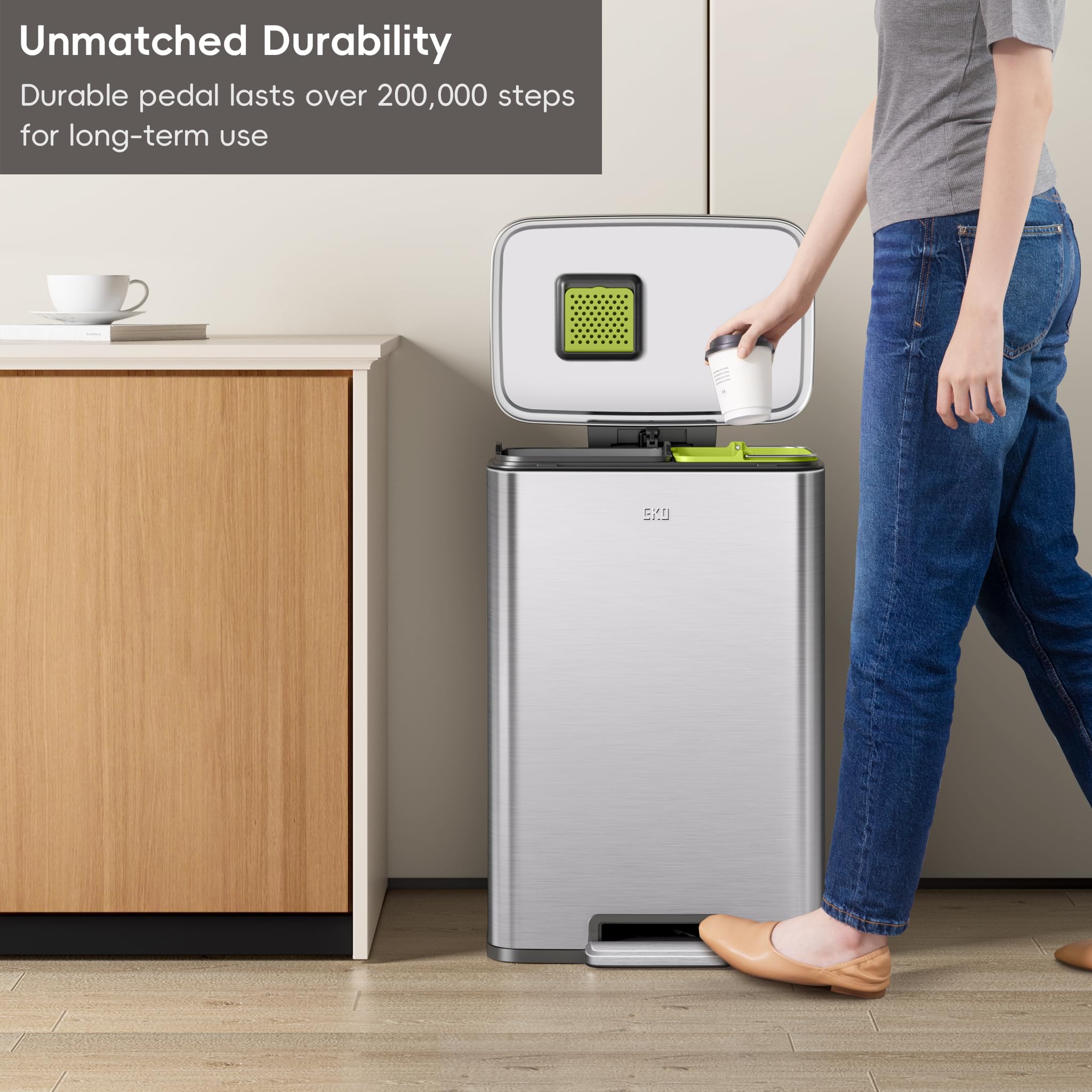 EKO Madison foot pedal provides smooth hands-free waste disposal.