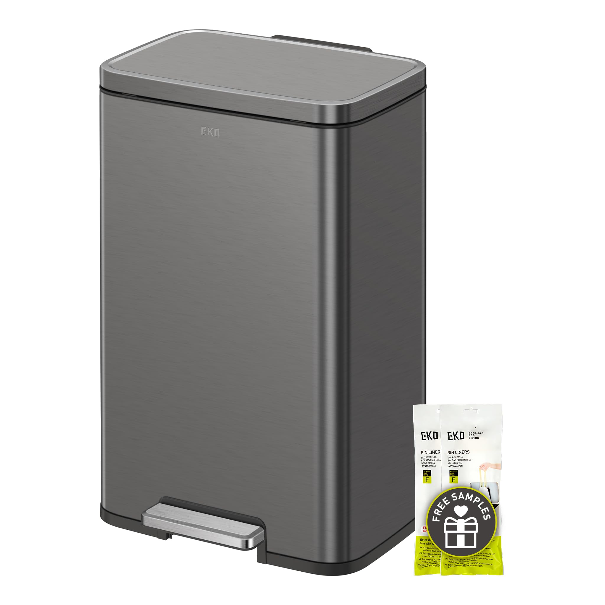 EKO Madison gunmetal bin front view with fingerprint-resistant finish and 50L capacity.