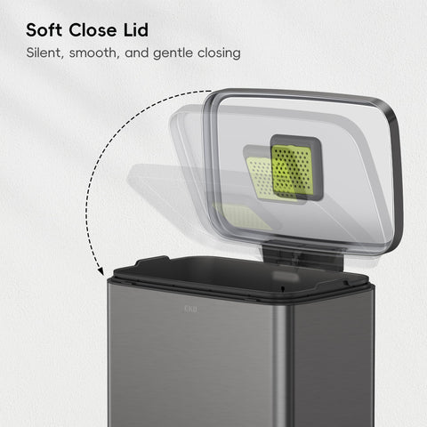 EKO Madison gunmetal bin with lid open showing quiet-swing action.