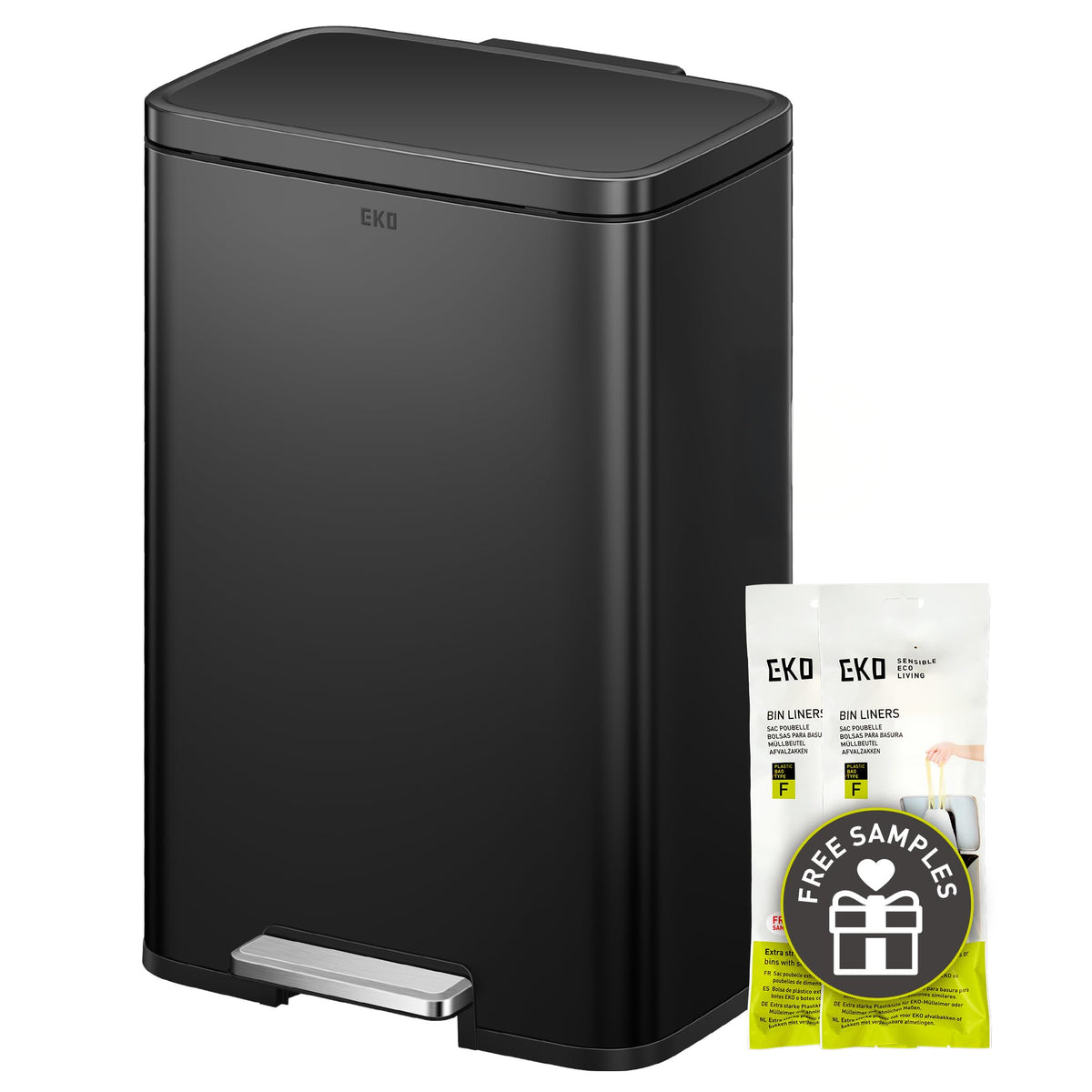 EKO Madison matte black front view shows a stylish, fingerprint-resistant kitchen trash solution.