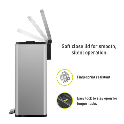 EKO Madison lid soft-close demonstrates quiet, family-friendly trash disposal.