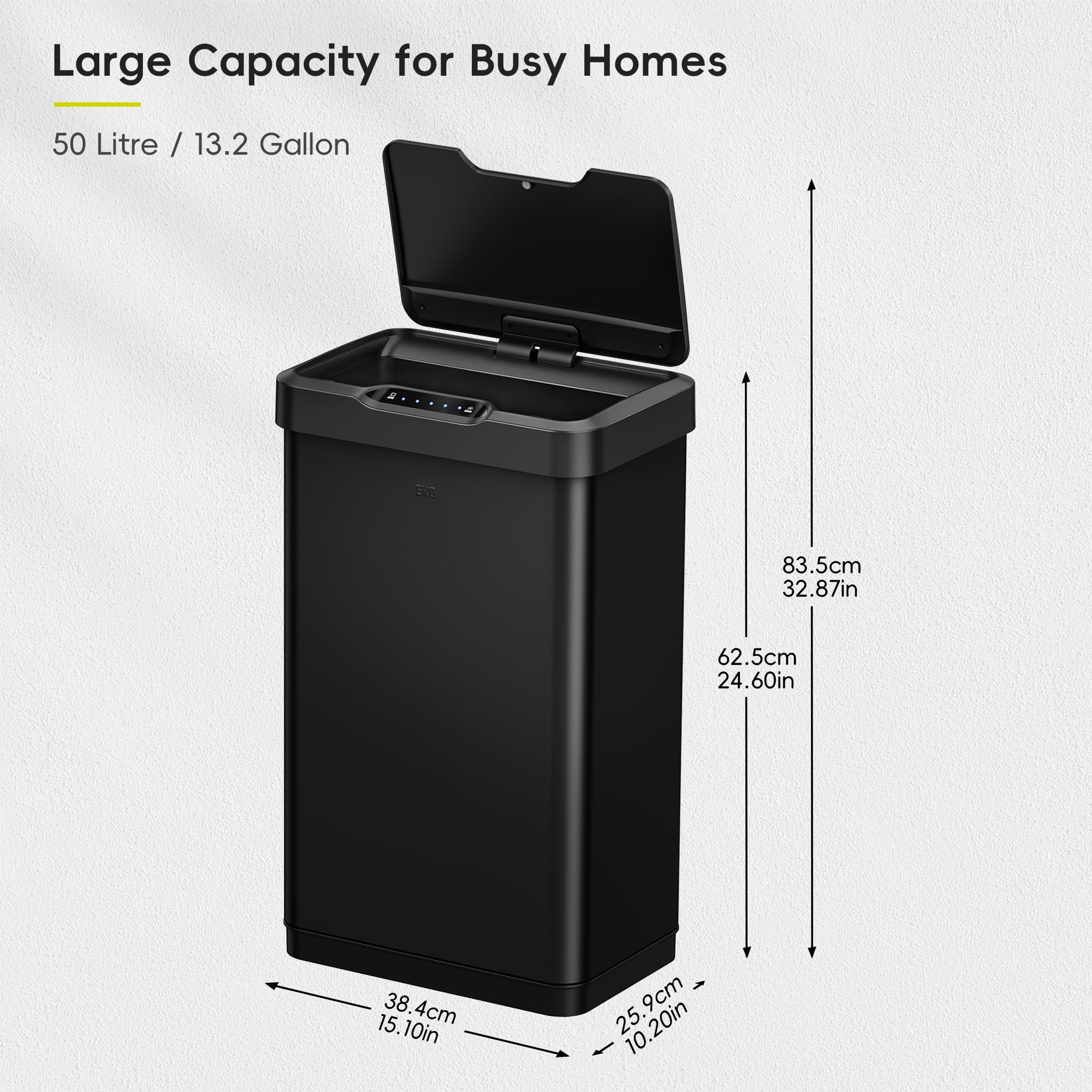 EKO Mirage-T lid gesture demonstrates hands-free opening for clean use.