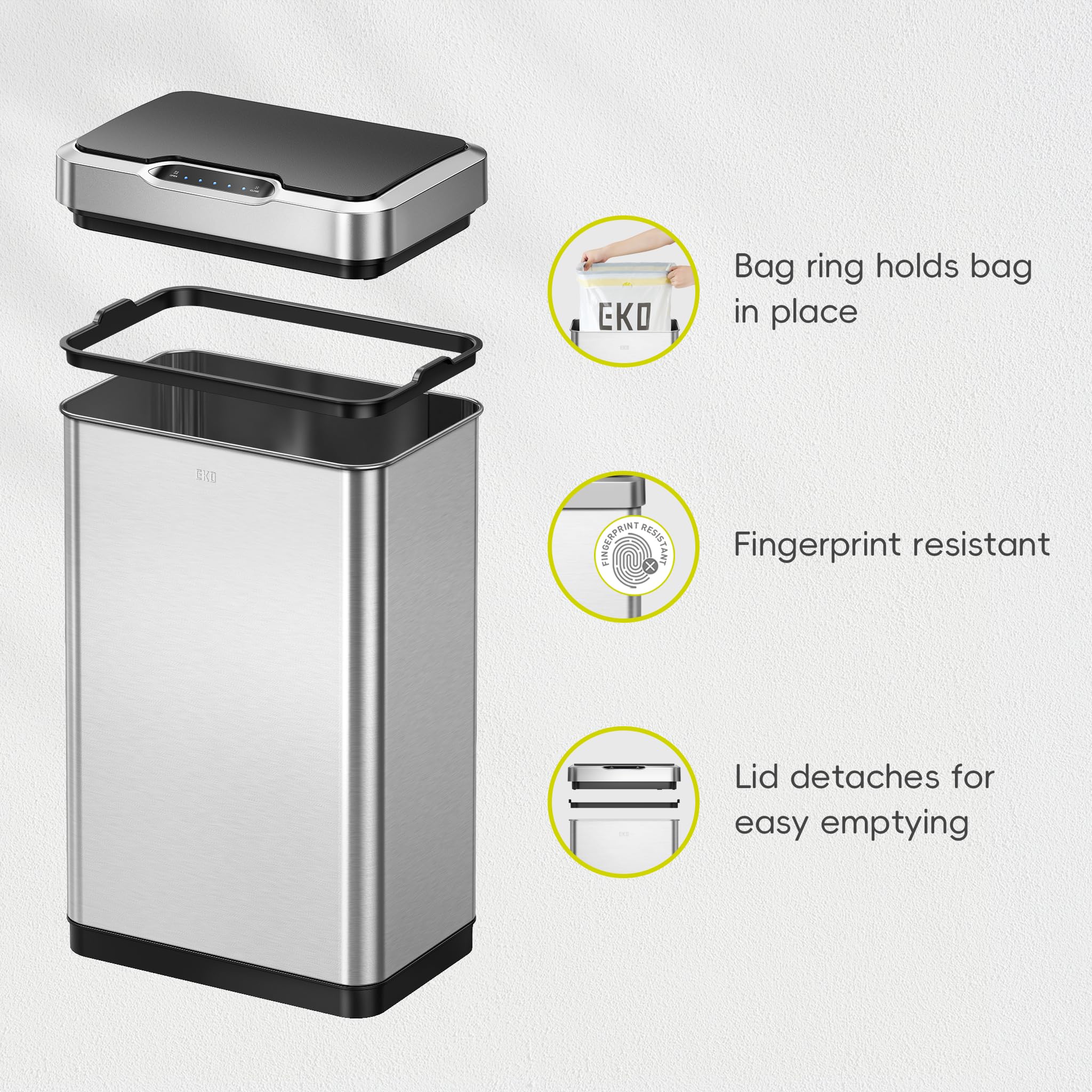 EKO Mirage-T lid closing softly for quiet operation after disposal.