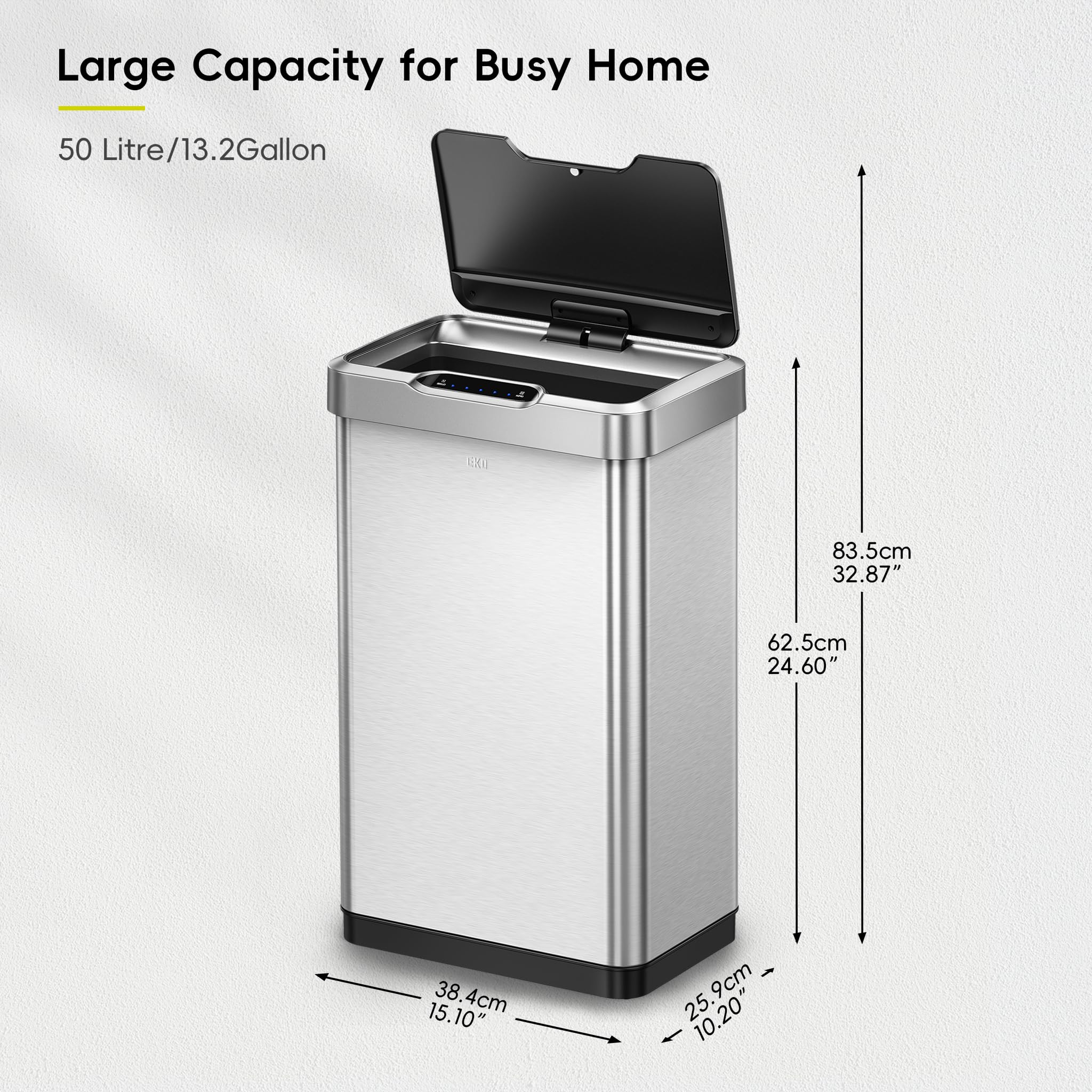EKO Mirage-T sensor opening demonstrates touchless operation for hands-free trash disposal.