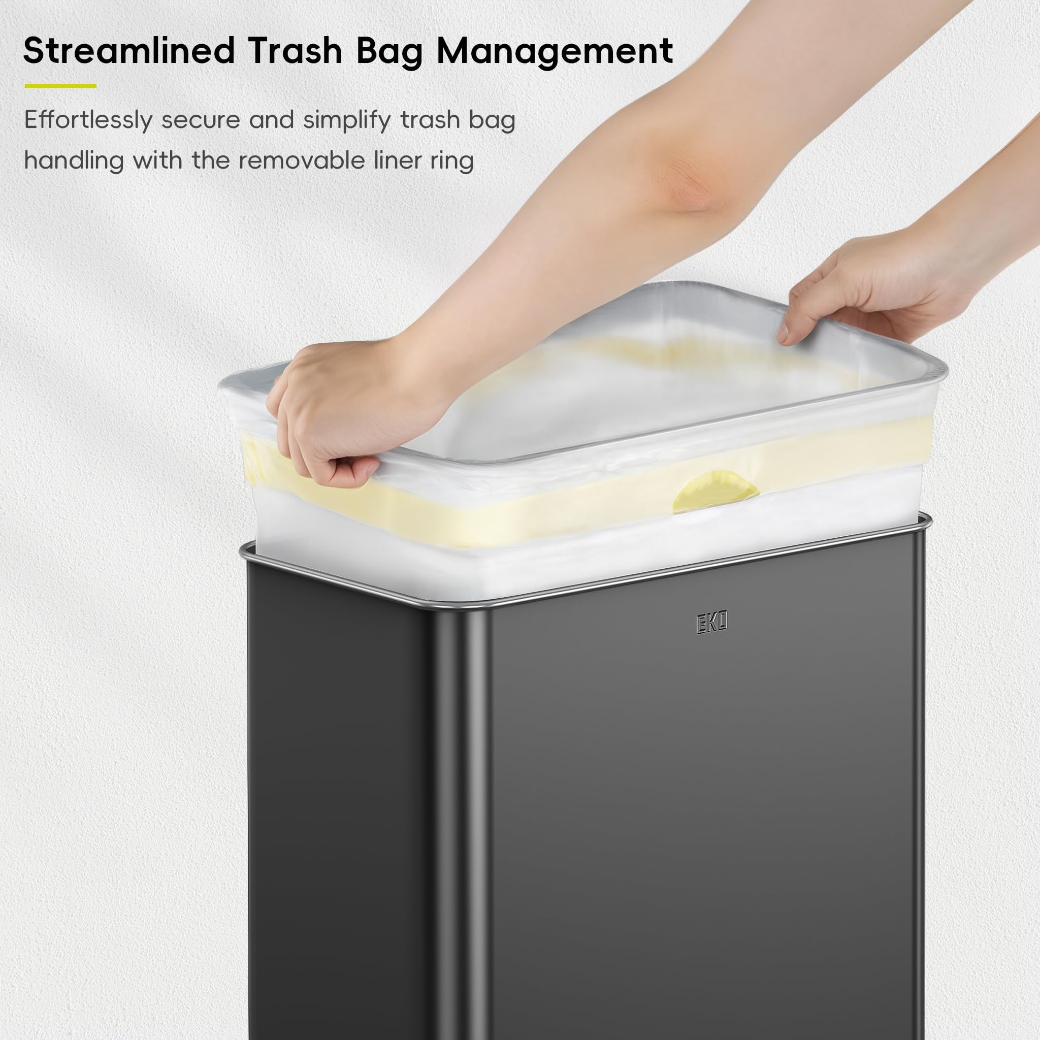 EKO Mirage X 80L press-to-open keeps the lid open for easy trash handling.