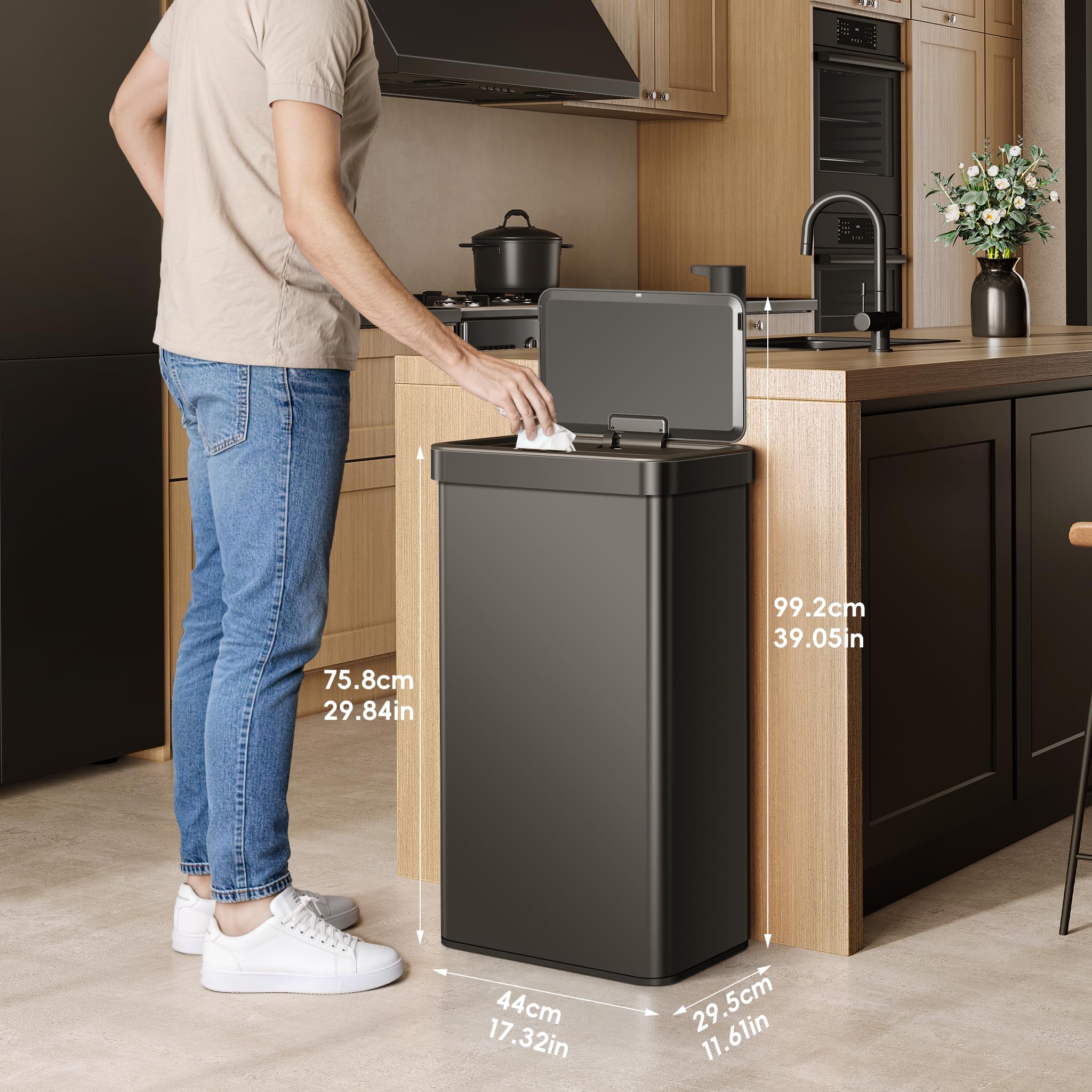EKO Nova sensor trash can anti-fingerprint finish keeps polished look.