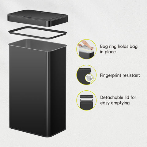 EKO Nova sensor trash can stay-open button for long cleaning sessions.