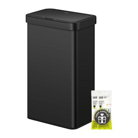 EKO Nova sensor trash can matte black front view, hands-free waste solution.