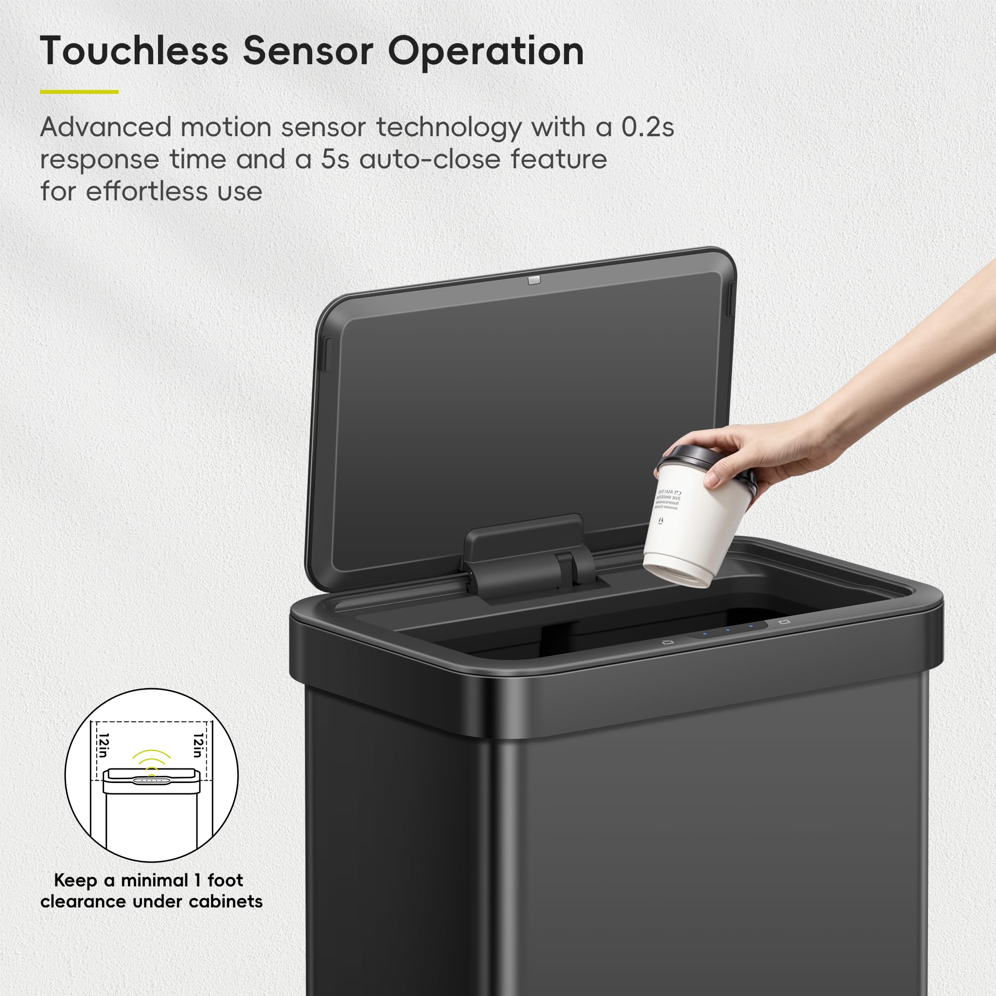 EKO Nova sensor trash can matte black with fingerprint resistant finish.