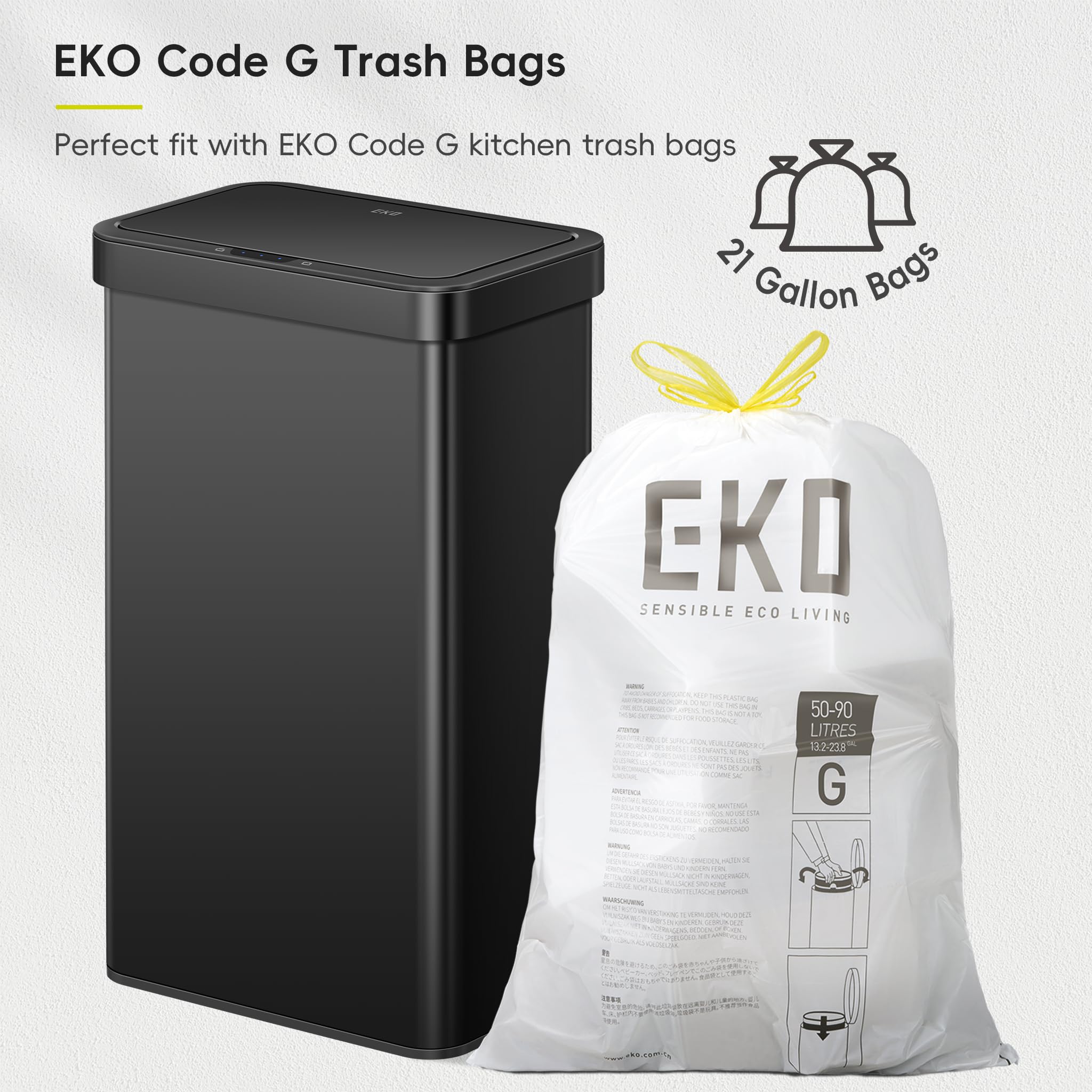 EKO Nova sensor trash can in kitchen setting, 80-liter capacity.
