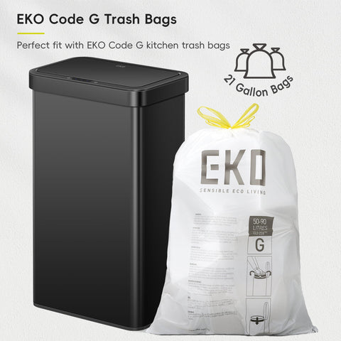 EKO Nova sensor trash can in kitchen setting, 80-liter capacity.