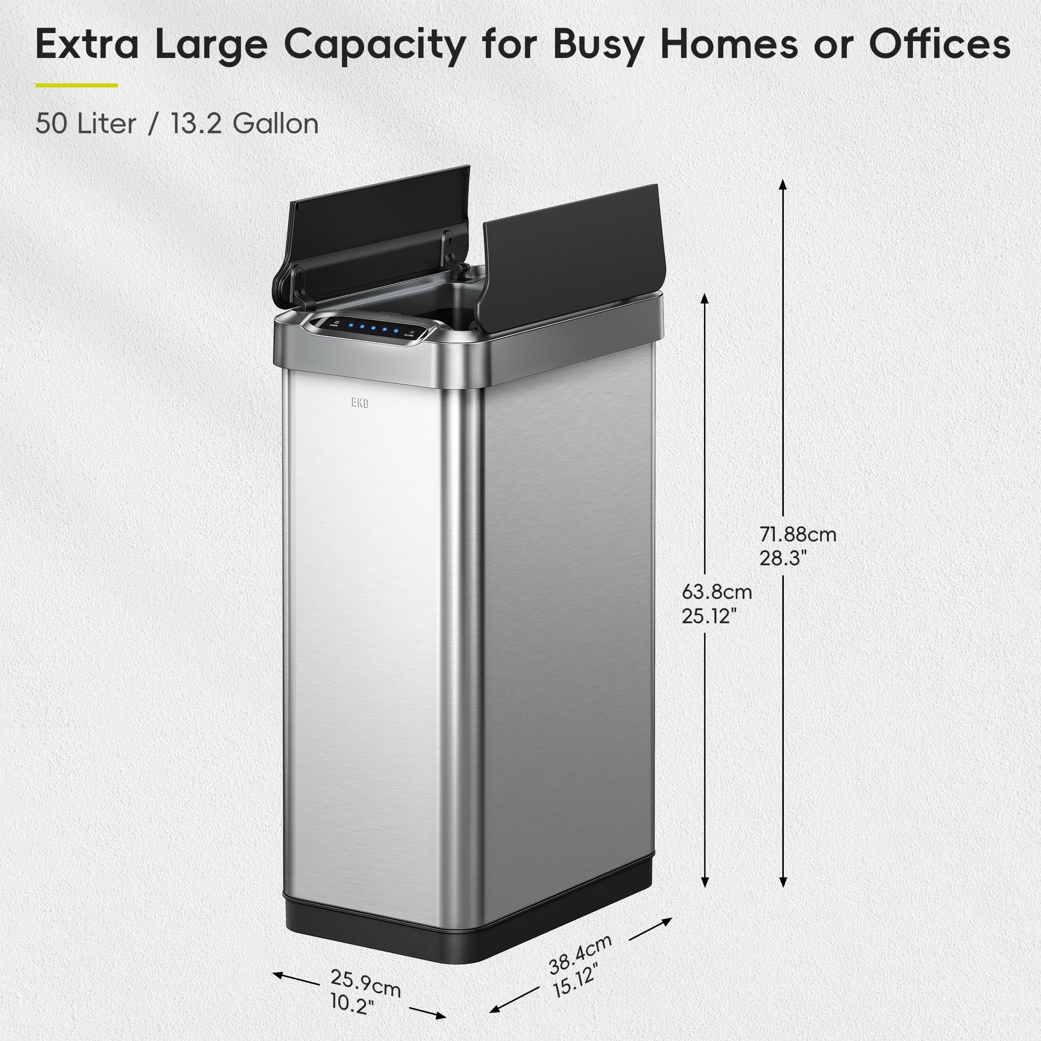Lid opens via motion sensor for fast, hands-free disposal