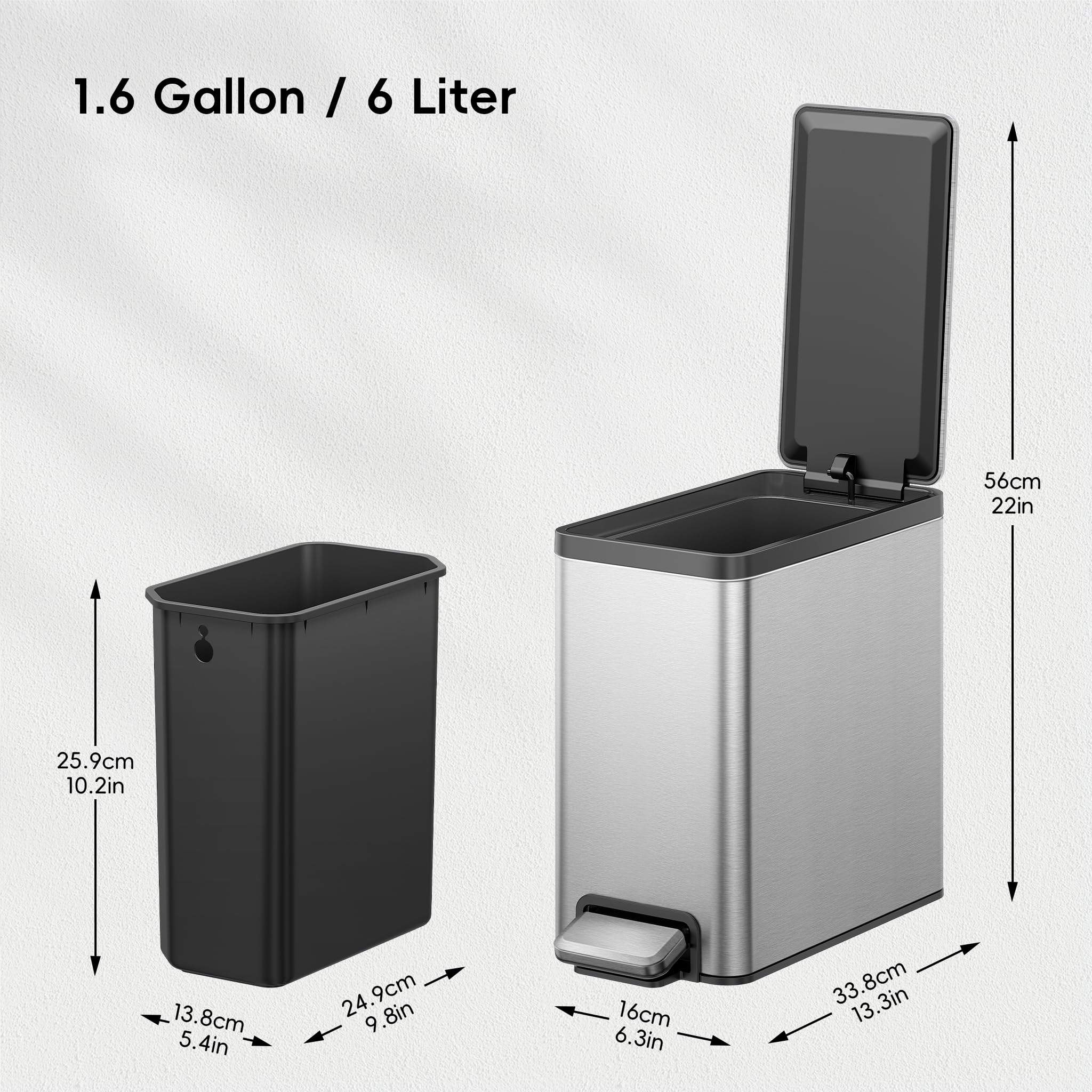 EKO slim stainless steel trash can fits tight bathroom corners, resisting fingerprints for a polished look.