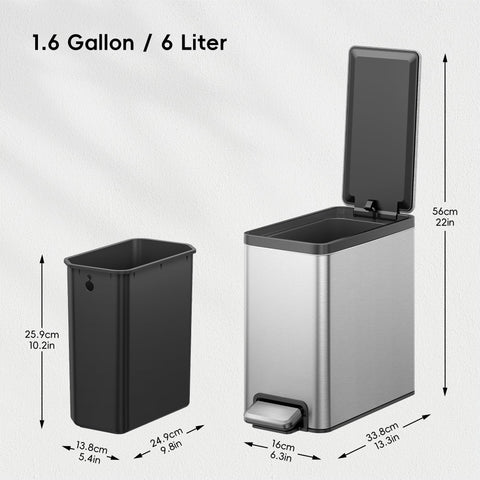 EKO slim stainless steel trash can fits tight bathroom corners, resisting fingerprints for a polished look.