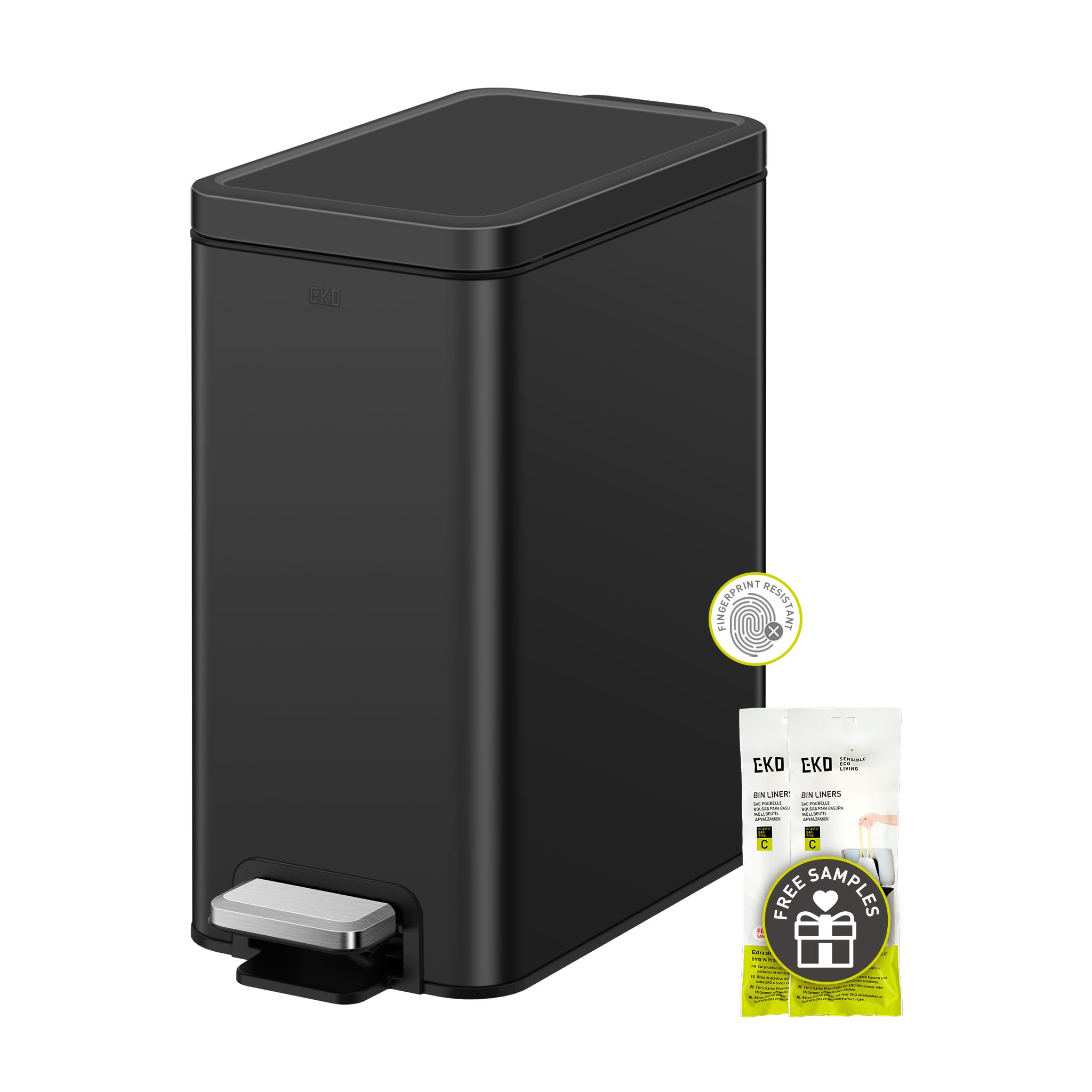 EKO small bathroom trash can with soft-close lid for quiet disposal.