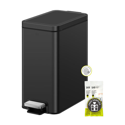 EKO small bathroom trash can with soft-close lid for quiet disposal.