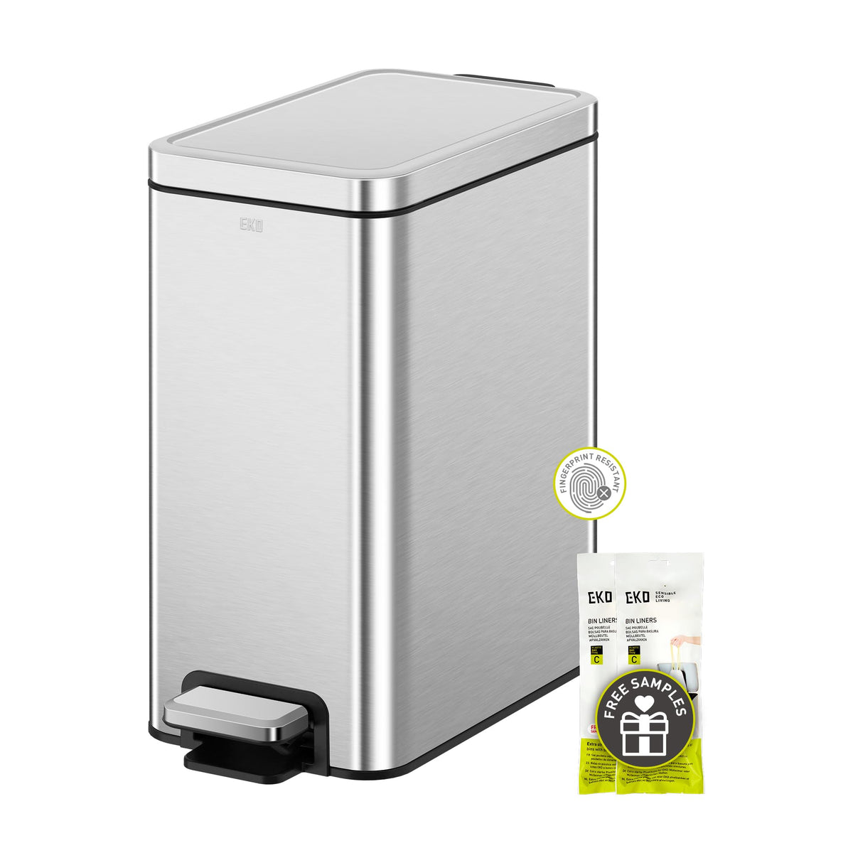 EKO small bathroom trash can with soft-close lid in a sleek silver finish.