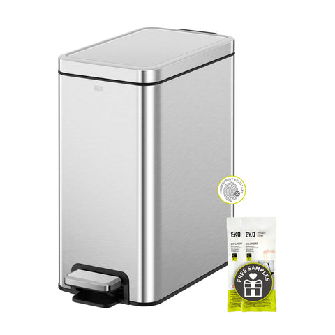 EKO small bathroom trash can with soft-close lid in a sleek silver finish.