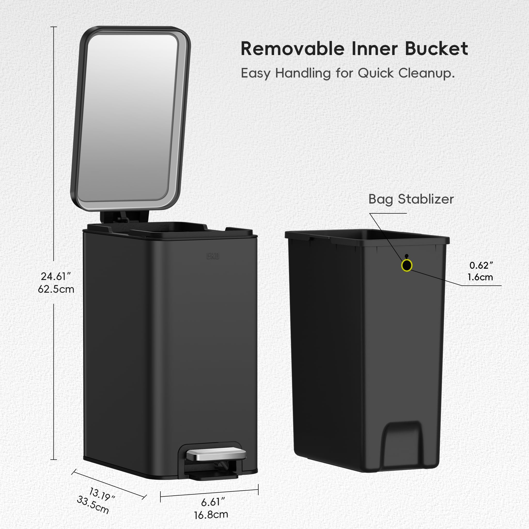 EKO 10L matte black stainless can resists fingerprints for easy cleaning.