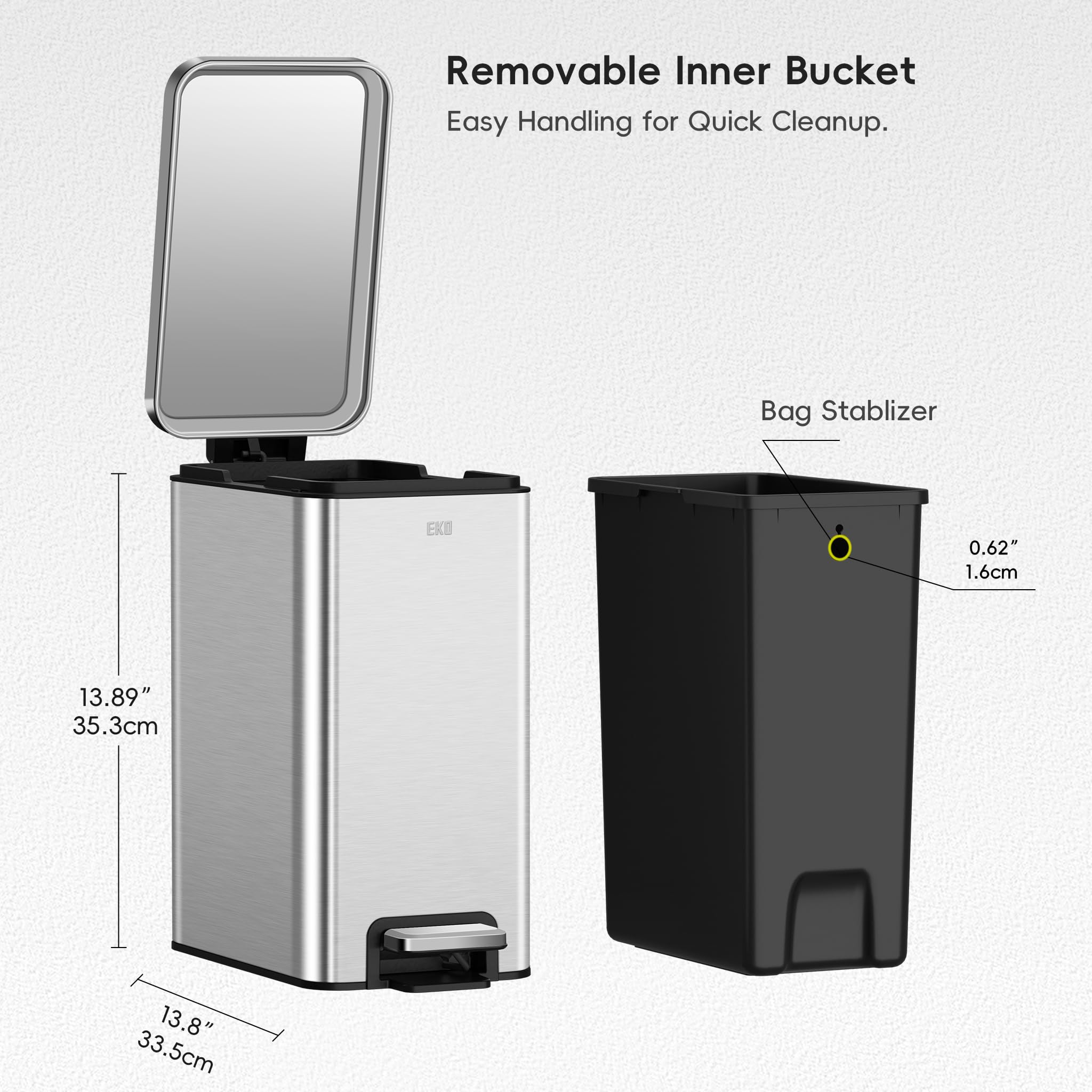 EKO 10-liter stainless steel trash can for tight bathroom spaces.
