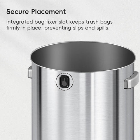 EKO Urban 24 Gal round bin brushed finish maintains clean appearance.