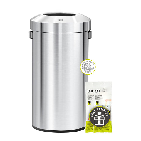 EKO Urban 24 Gal round bin front view with fingerprint-resistant brushed steel.