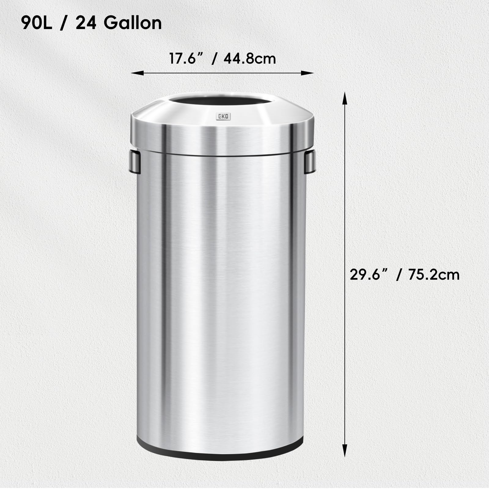 EKO Urban 24 Gal round bin side view shows open top for easy disposal.