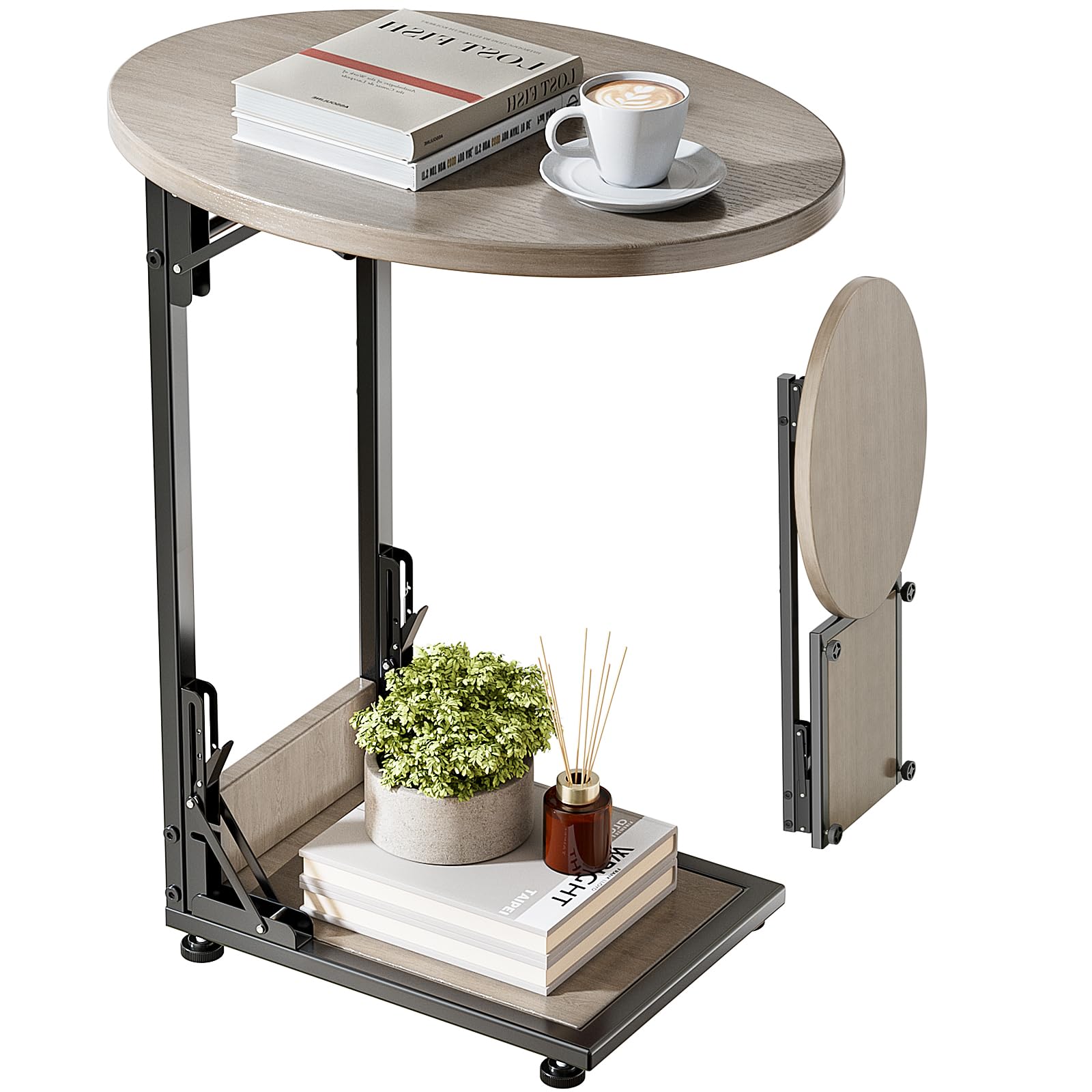 Elbourn folding side table beside a sofa, proving compact end-table utility.