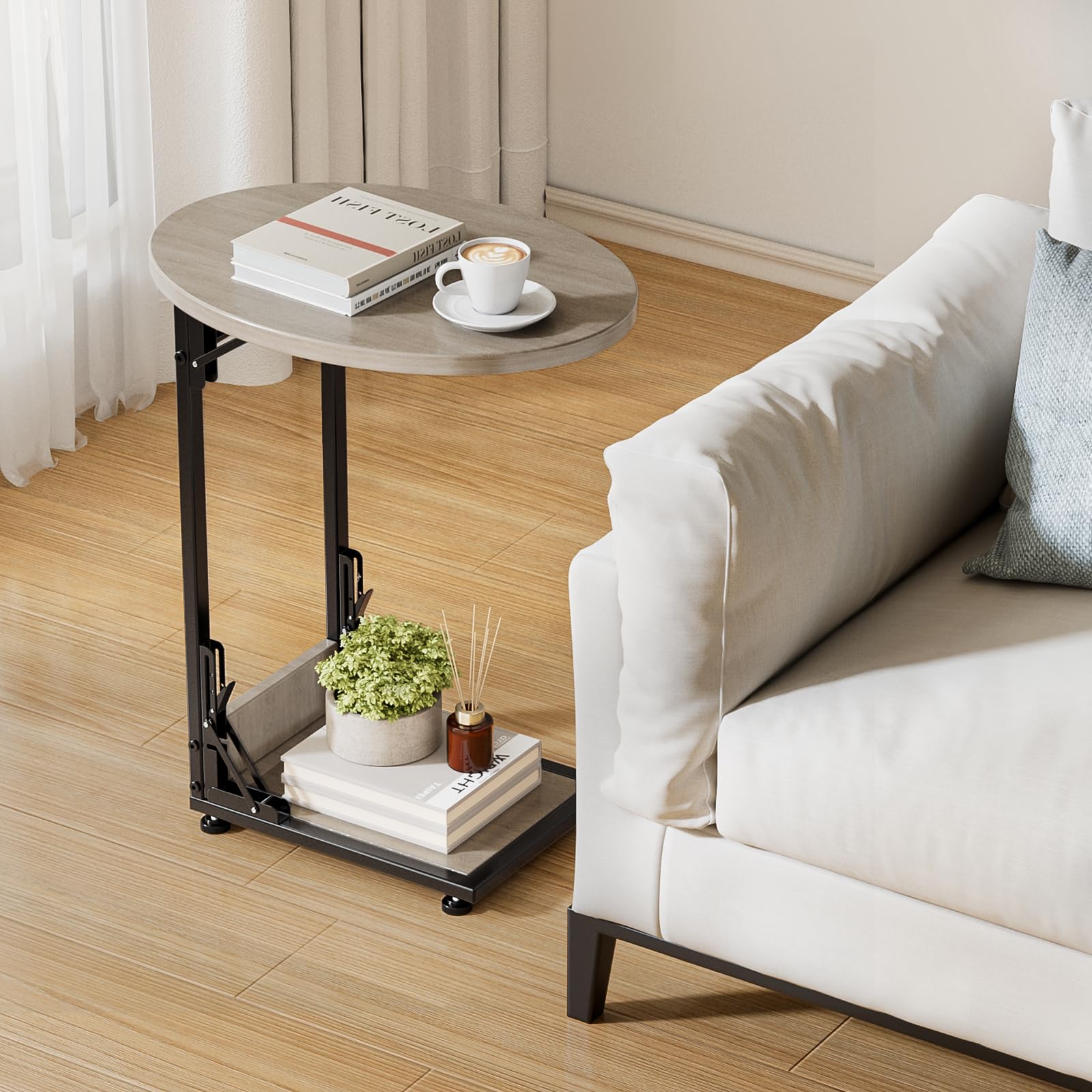 Elbourn two-tier side table with vertical storage keeps items organized.
