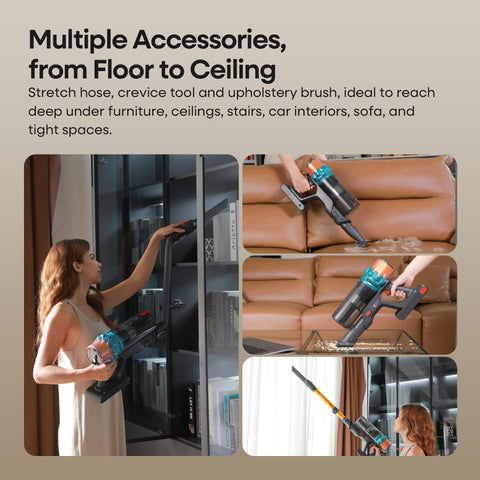 ElecKeys versatile attachments including sofa brush and crevice tool for cars and furniture.