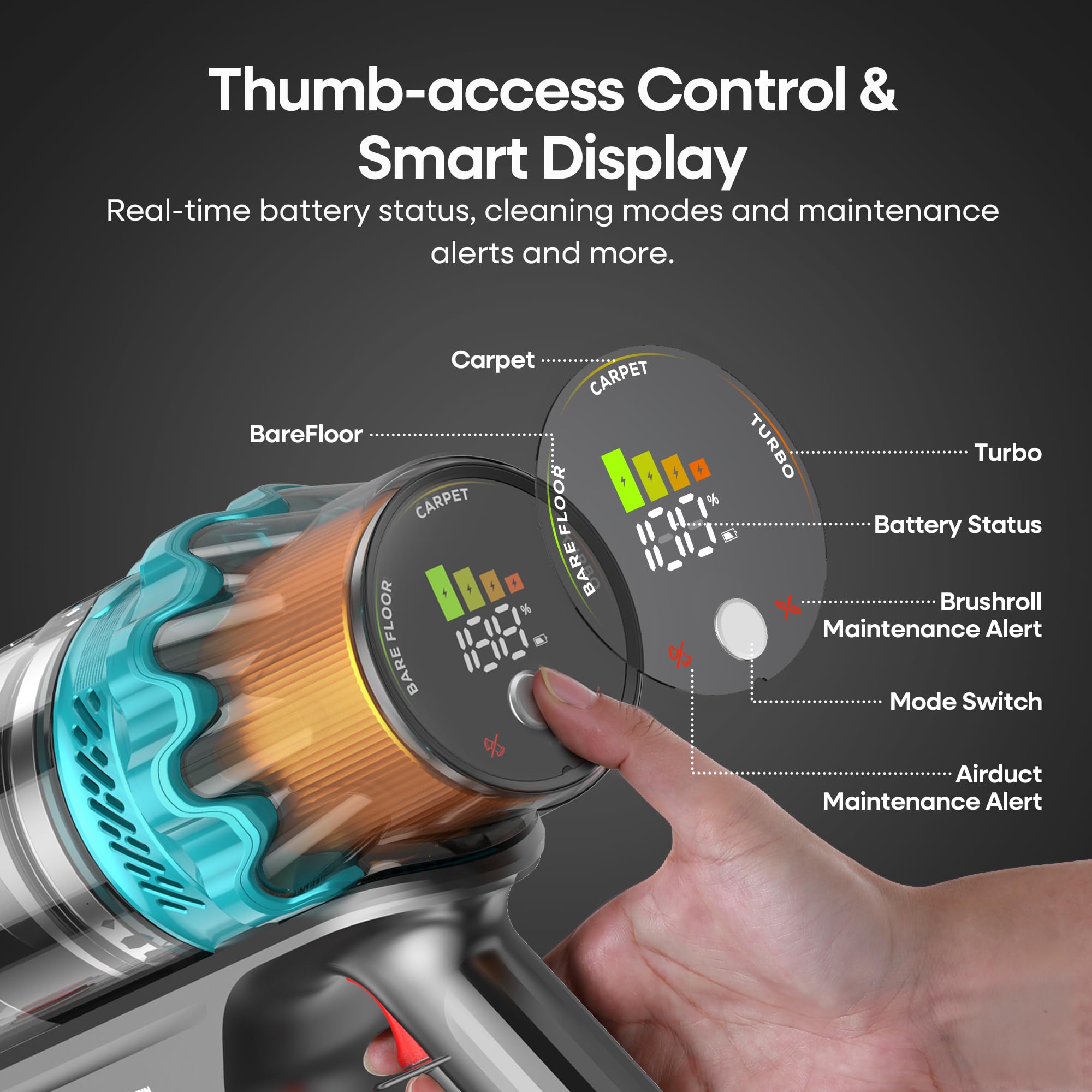 ElecKeys built-in green LED headlights reveal hidden dust under furniture for thorough cleaning.