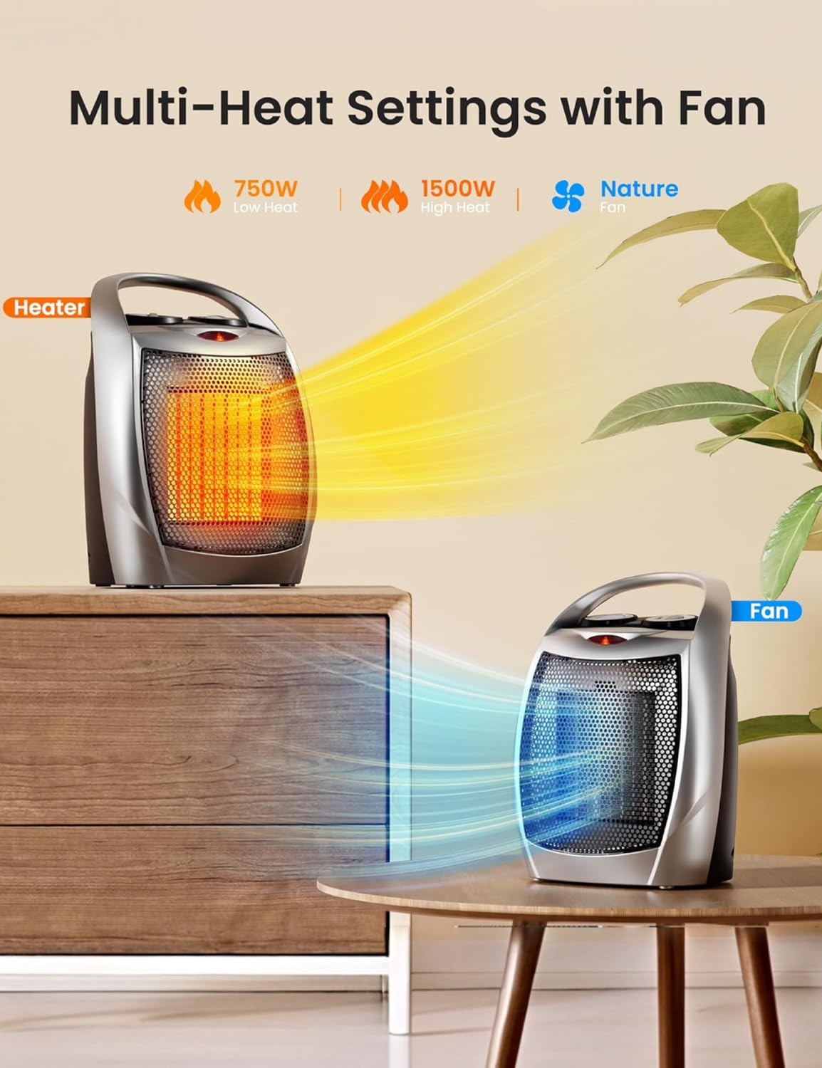 Electactic three-mode heater provides cool, low, and high warmth.