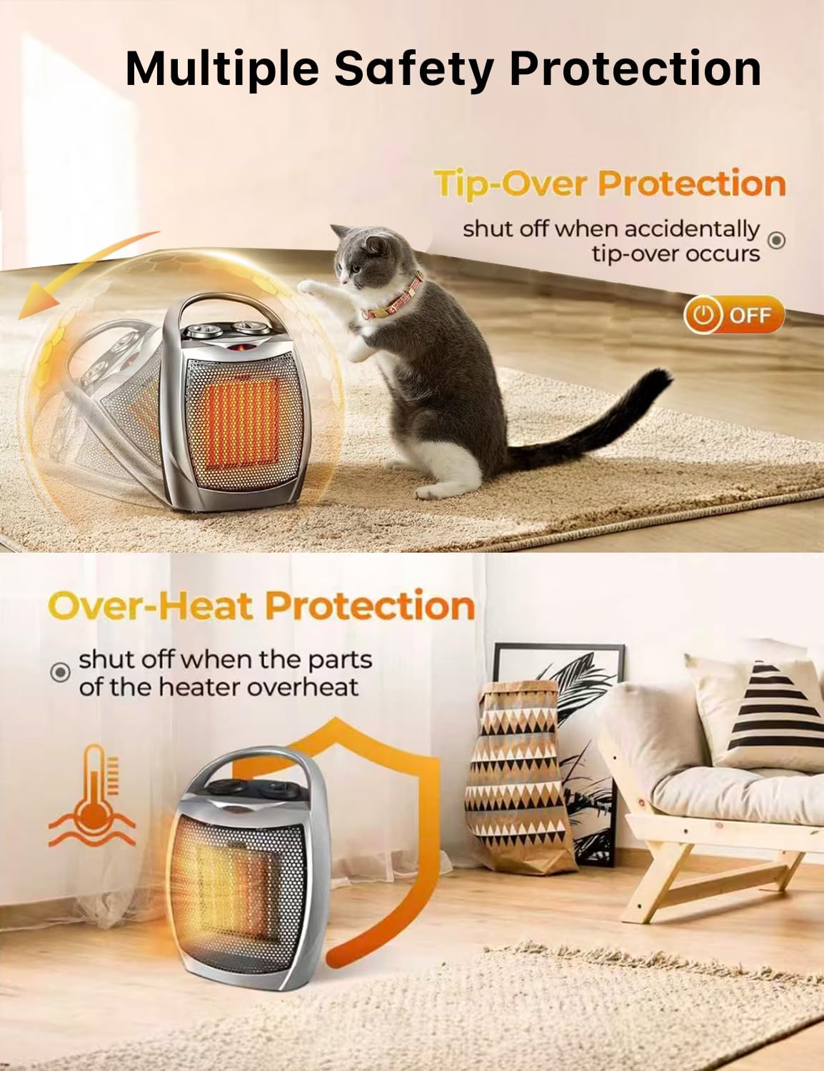Electactic PTC ceramic heater delivers fast warmth with quiet operation.