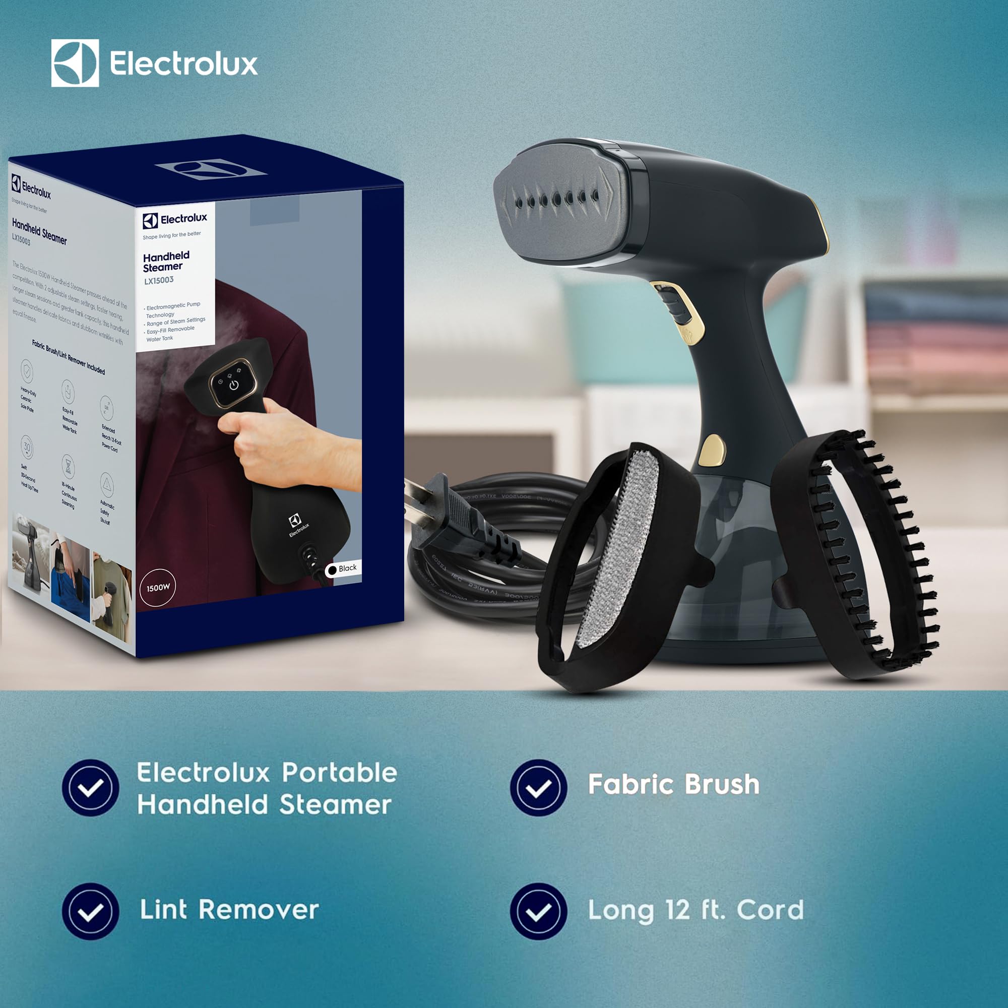 Electrolux LX15003 steamer 12-foot cord for extended reach.