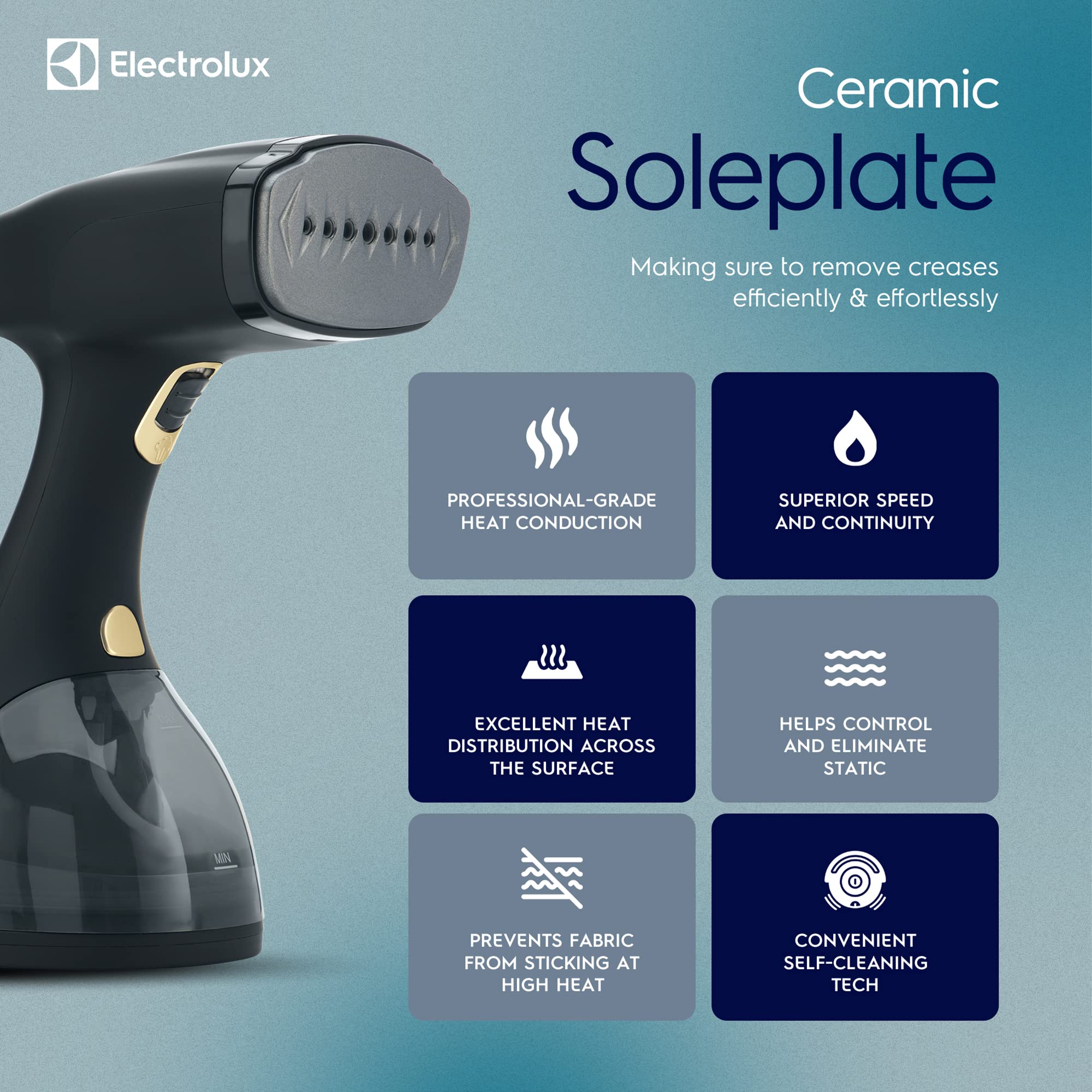 Electrolux steamer includes fabric brush for refreshing textiles and smoothing delicate materials.