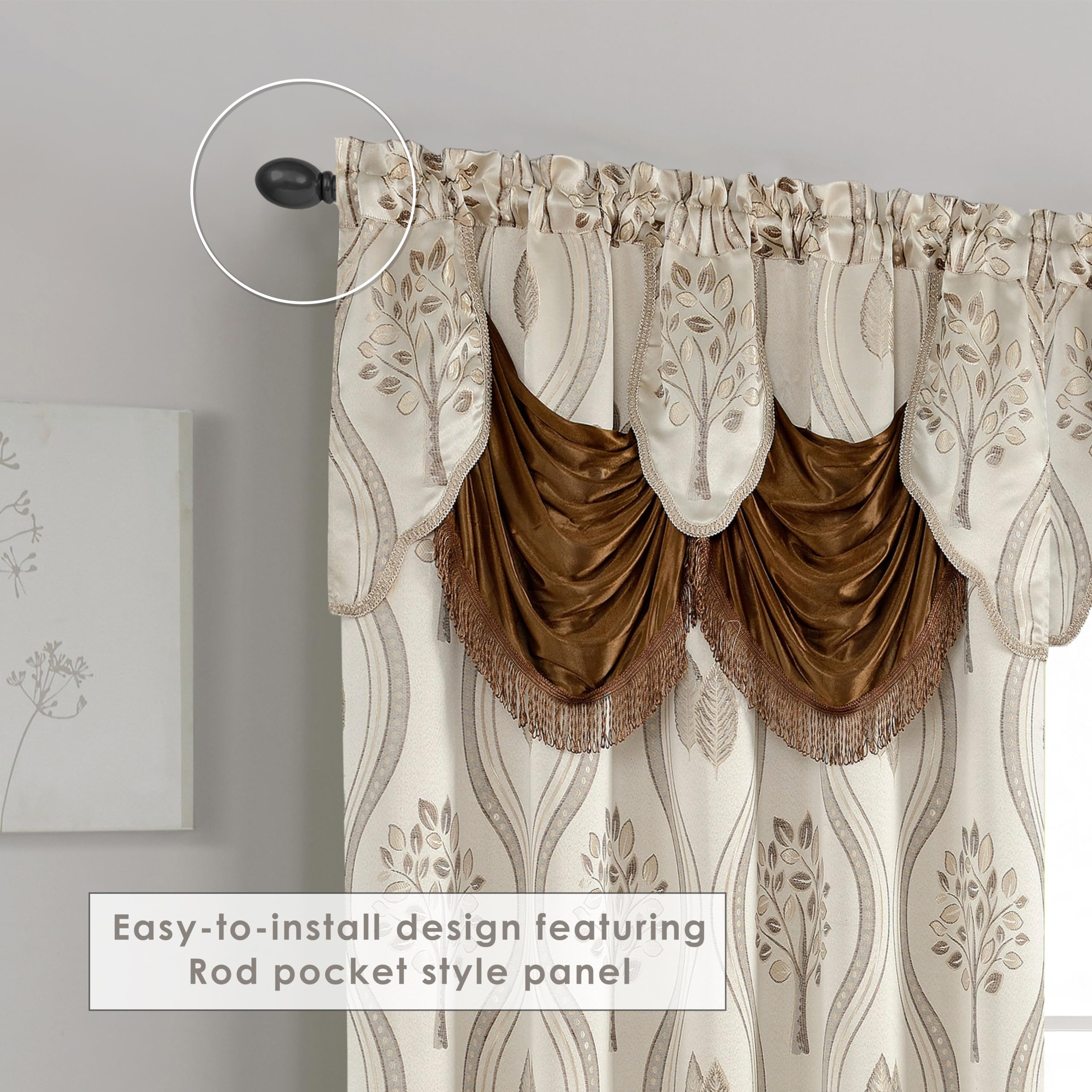 Elegant Comfort backing and valance detail in beige for a polished, finished look.