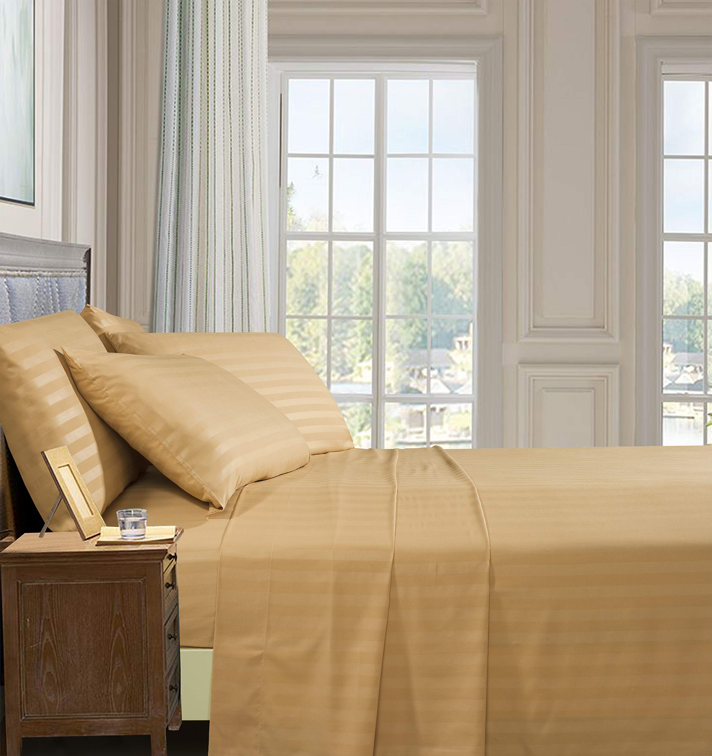 Elegant Comfort damask stripe pattern close-up, showcasing wrinkle-resistant microfiber finish.