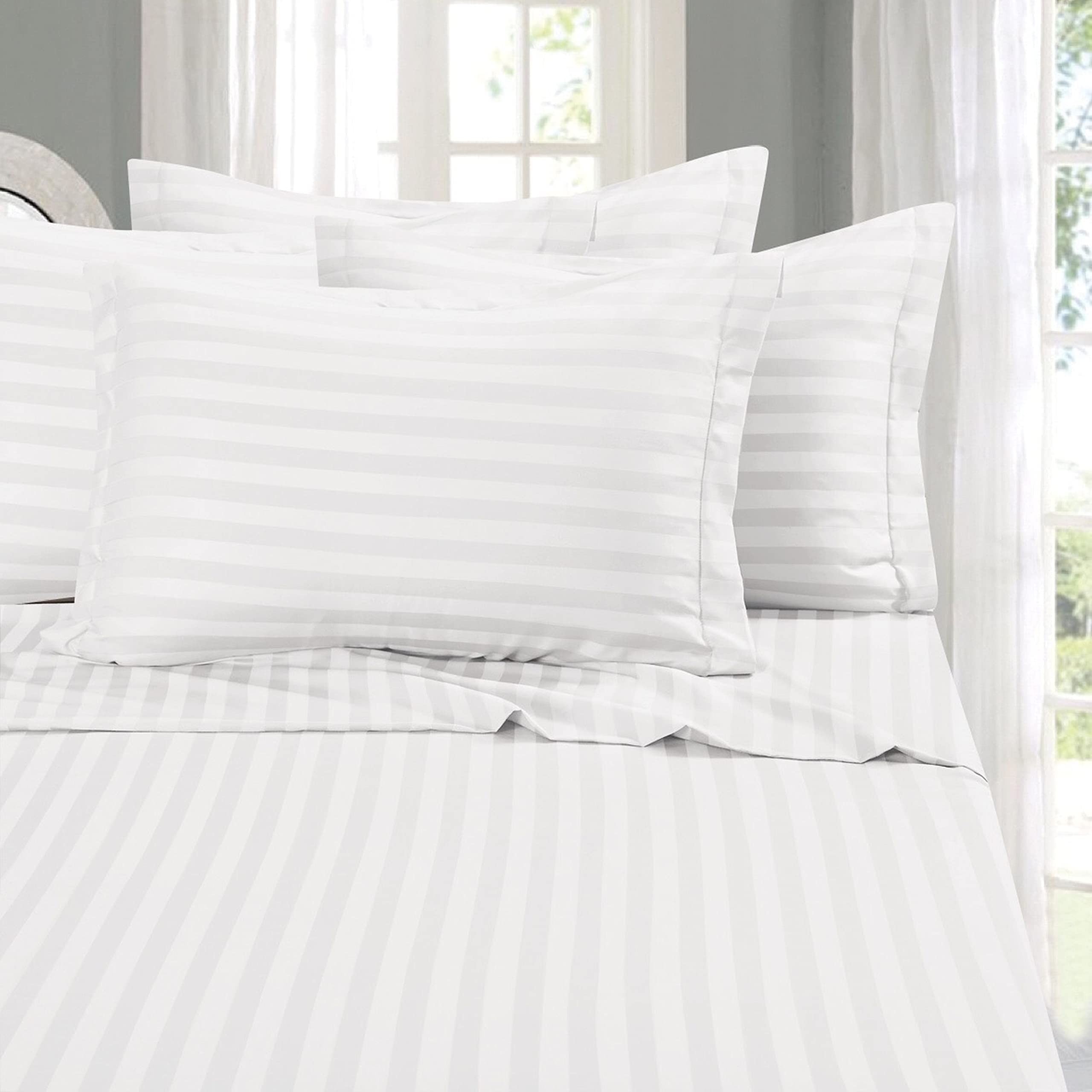 Elegant Comfort queen white sheet set with damask stripe for breathable, wrinkle-free comfort
