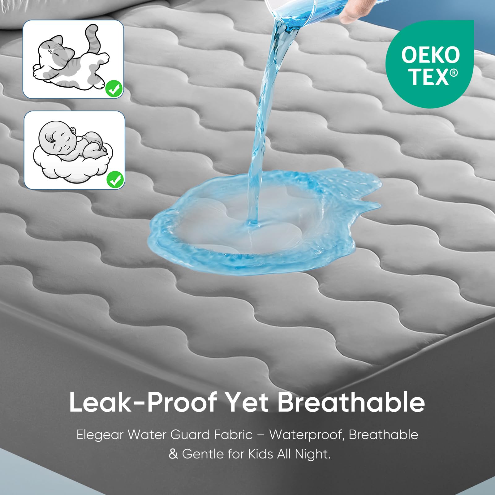 Waterproof TPU layer protects the mattress while staying soft and quiet.