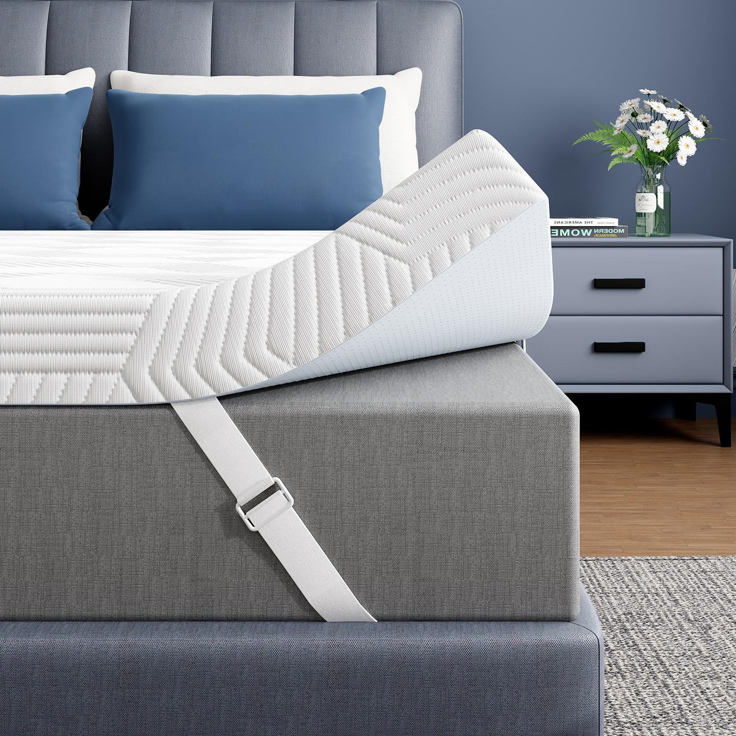 Elemuse 3-inch gel memory foam topper cover close-up, boosts comfort and breathability.