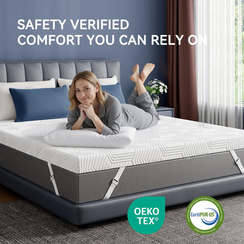 Elemuse memory foam topper minimizes motion transfer for undisturbed sleep.