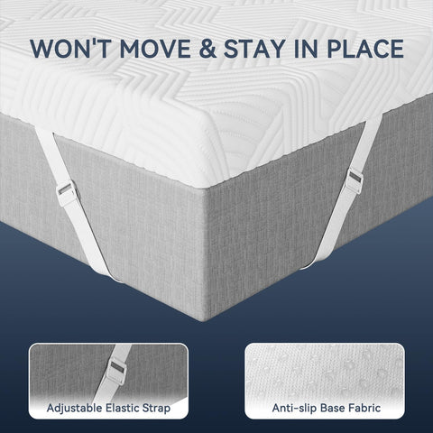 Elemuse topper with four adjustable straps for a secure fit on any mattress.